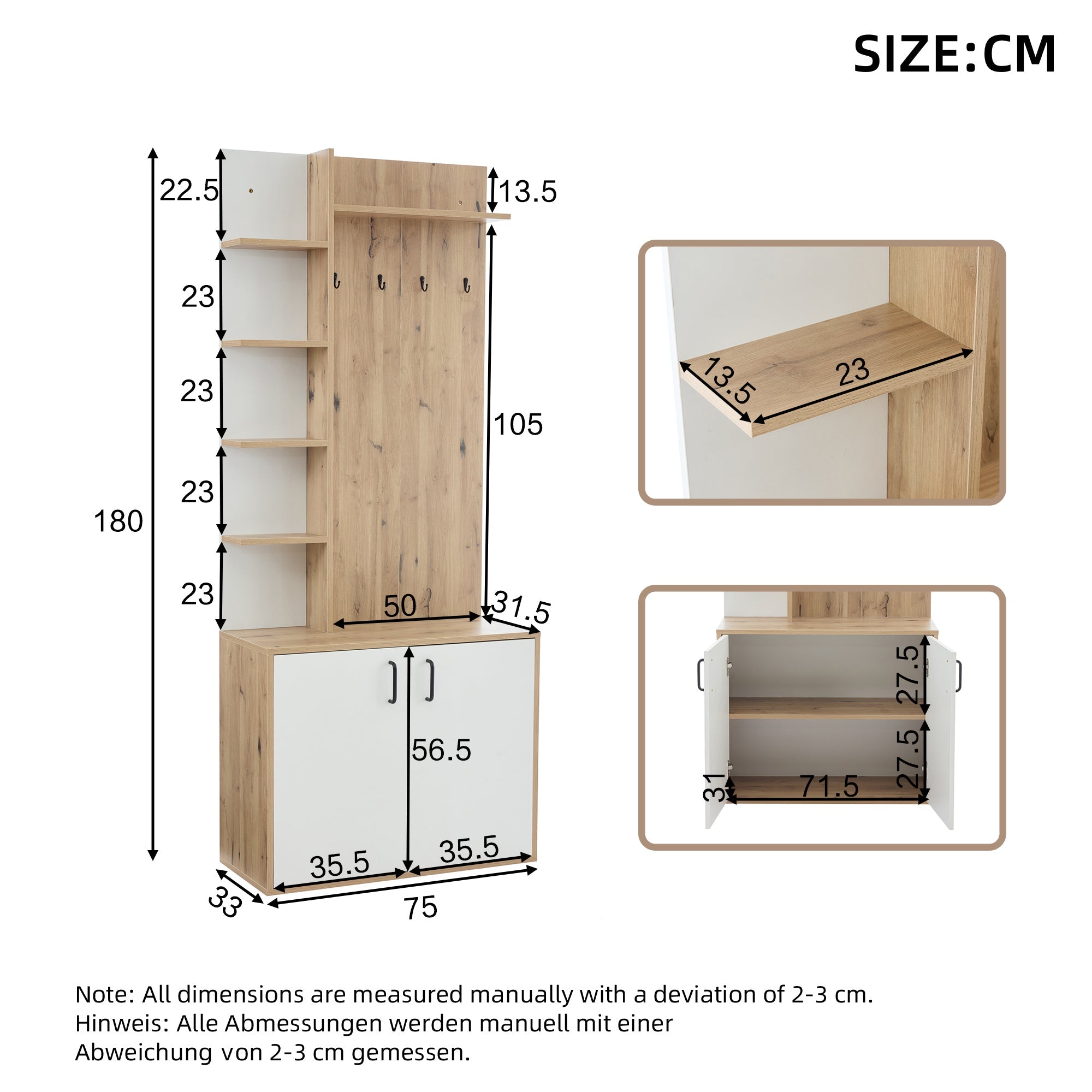 Coat Rack, 75x33x180cm Wardrobe, Shoe Storage & Hooks, Wood & White