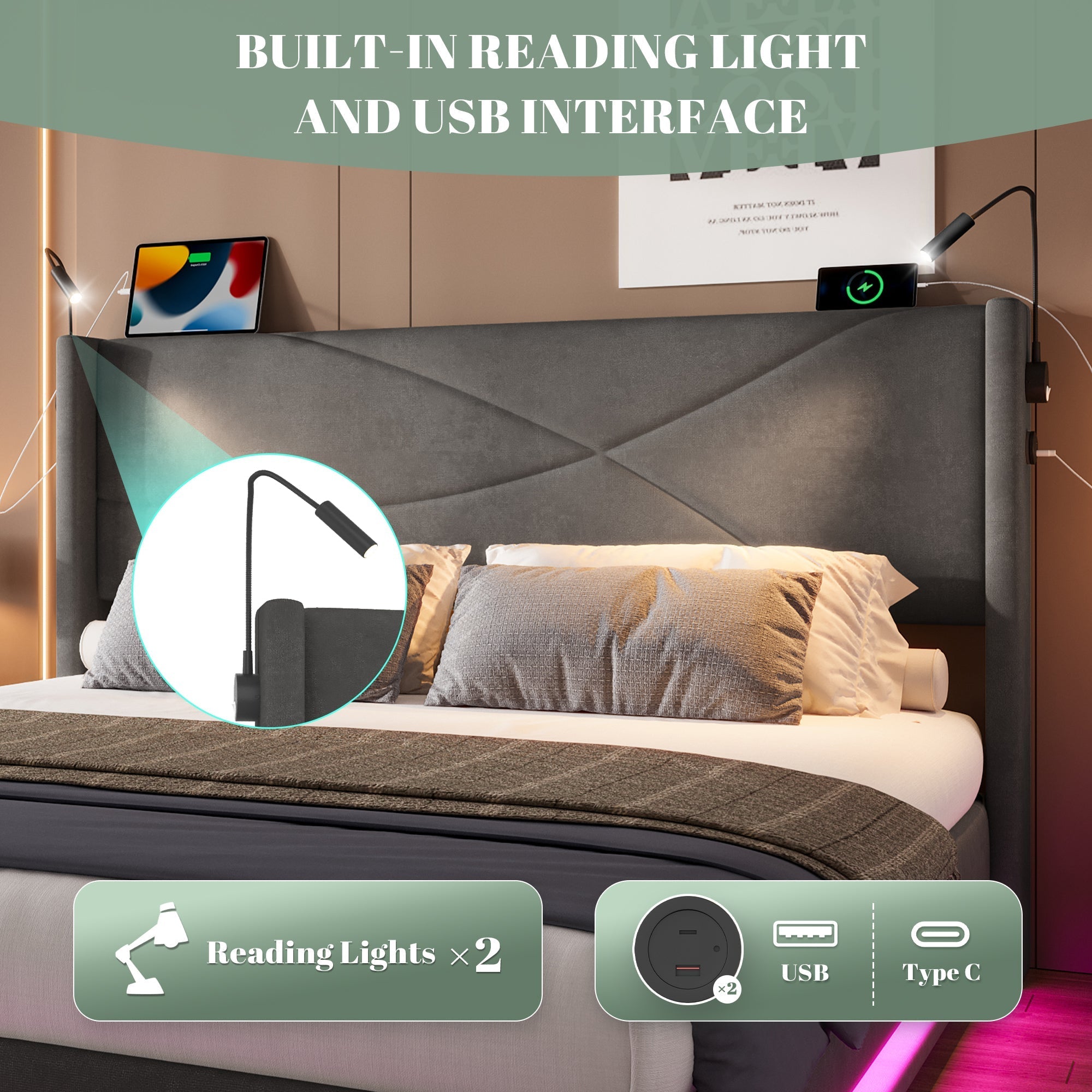 Modern Bed Frame, Reading Lamps, LED, Hydraulic Storage, USB/Type-C Ports, 150x200cm, Dark Gray