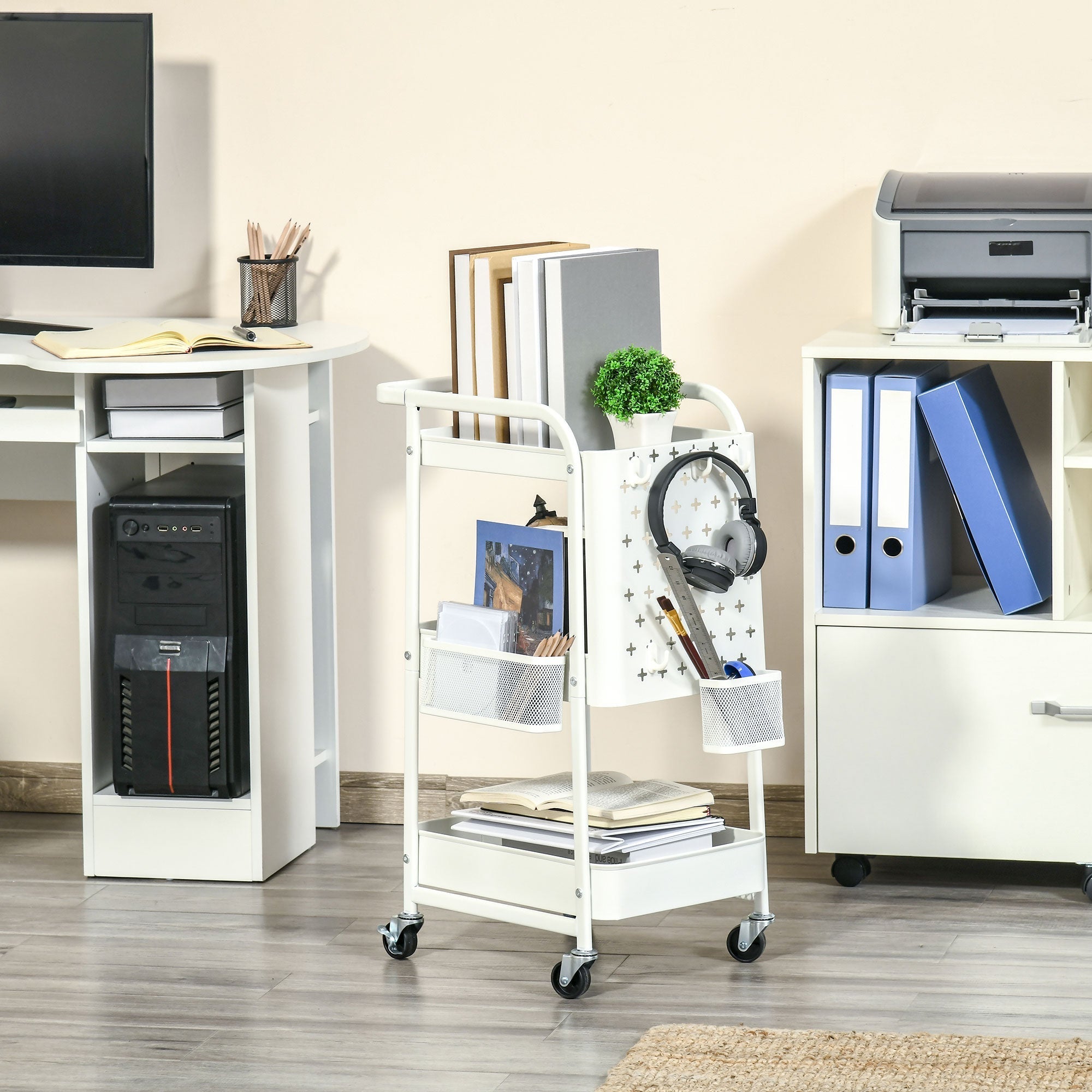 Rolling Cart, 3-Tier Kitchen Shelf with Wheels, Steel White