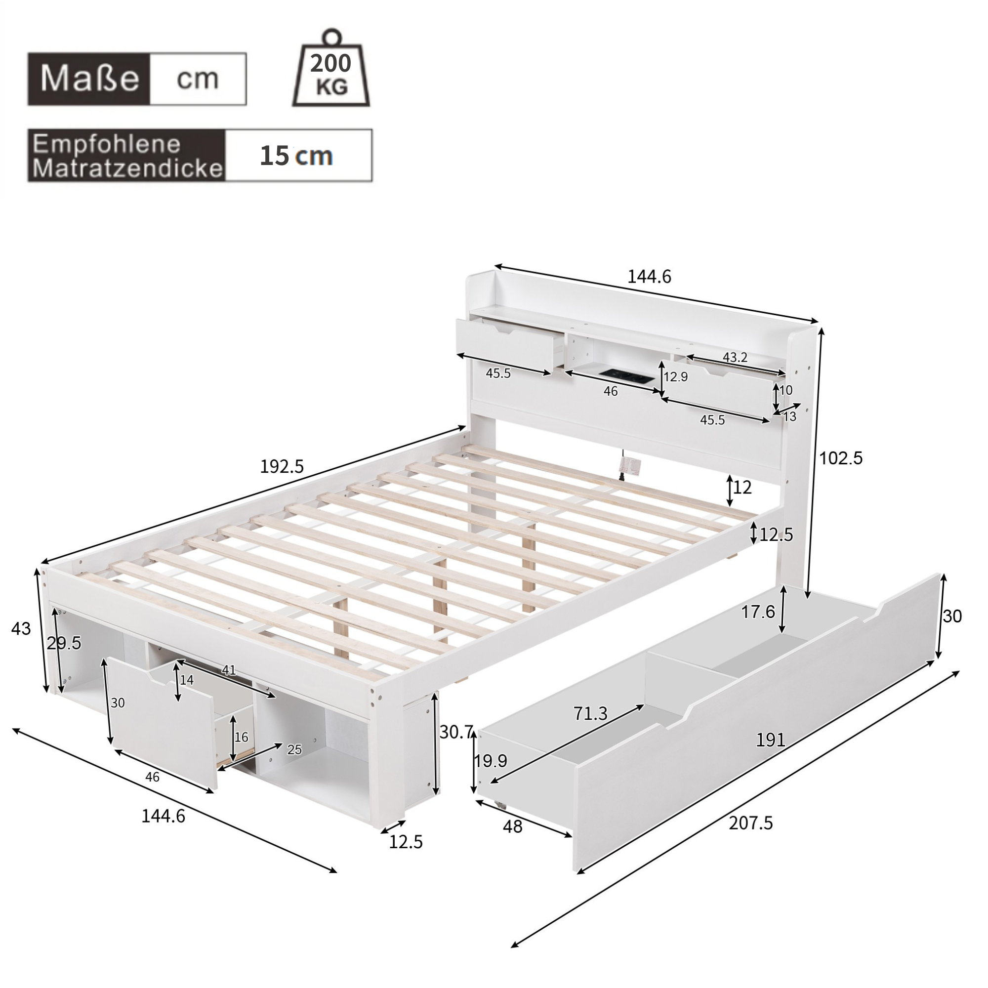 Multifunctional Double Bed 140x190cm USB Drawers Storage Cabinet - White
