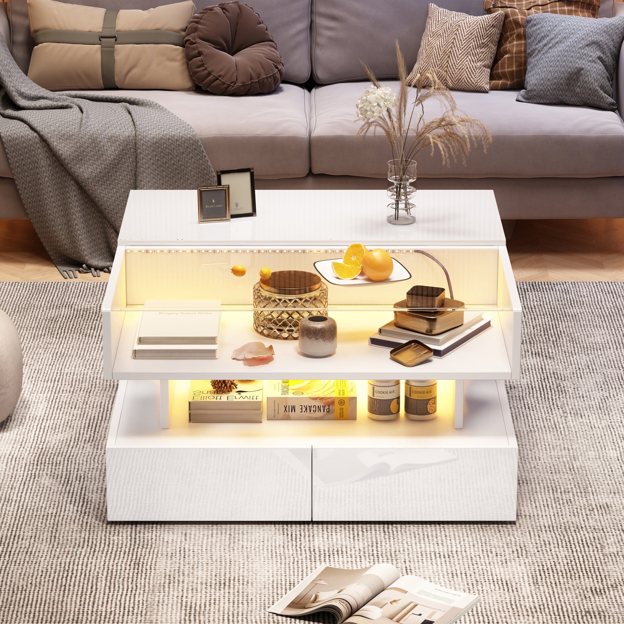 Coffee Table, 80x80x45cm Height-Adjustable Storage LED Lights Tempered Glass, White