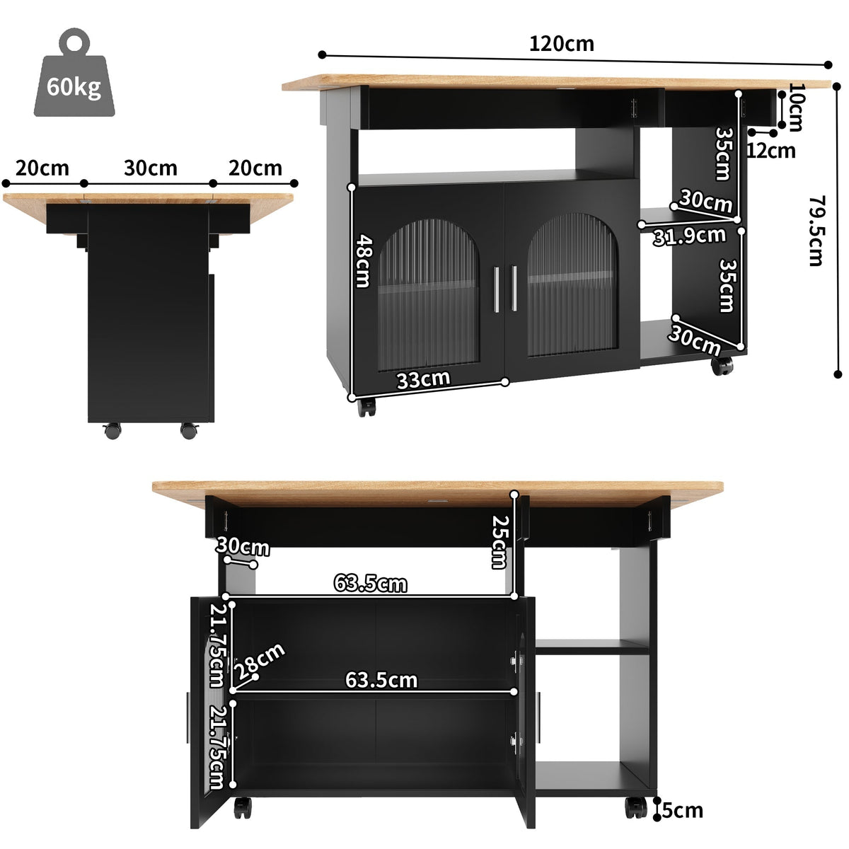 Kitchen Island Dining Cart - Multifunctional Table, Removable Trolley, Storage - Wood Grain Black