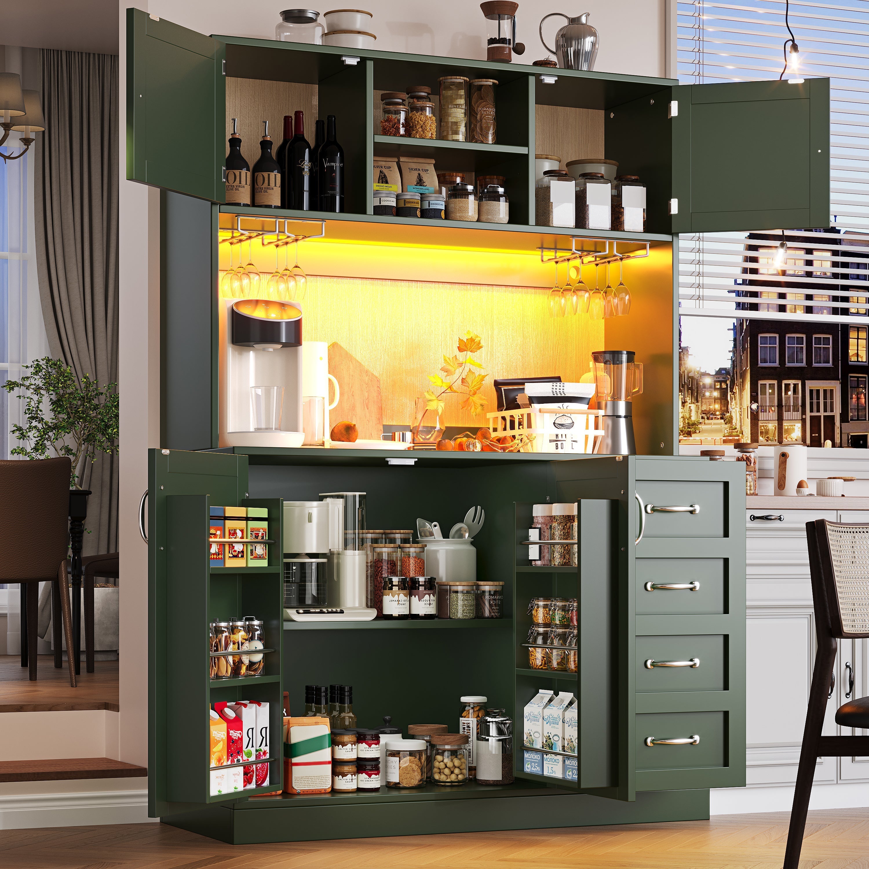 Sideboard with LED Lighting and Drink Holders, Green and White