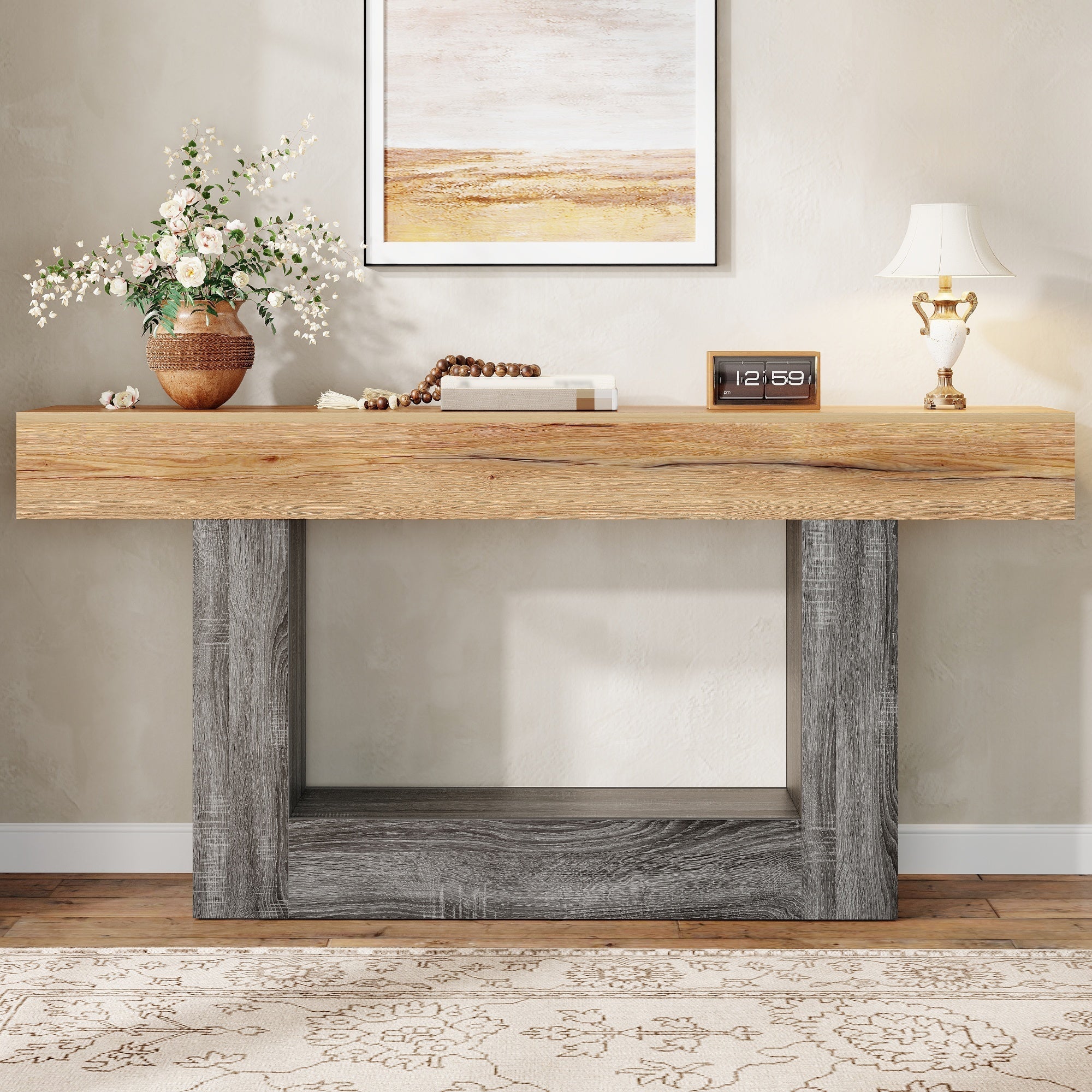 Two-Tone Console Table with Storage Shelf and Thick Tabletop, Wood Look Chipboard