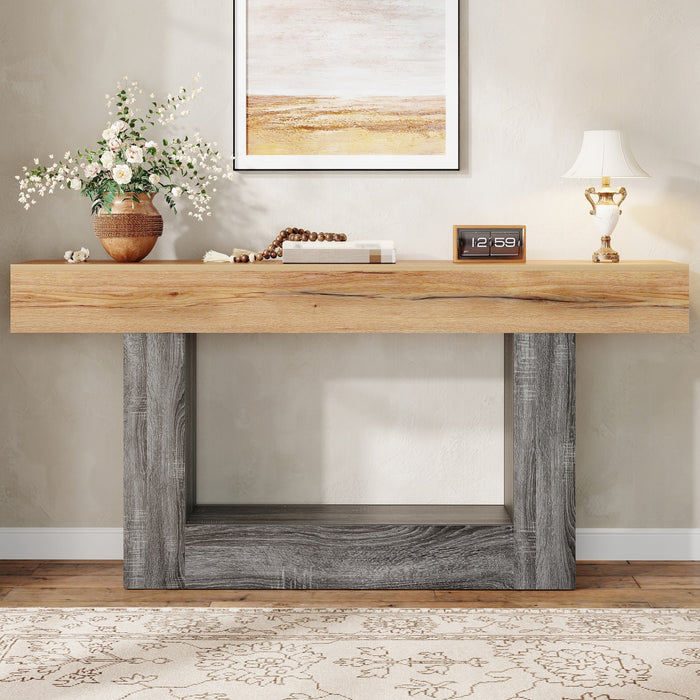 Two-Tone Console Table with Storage Shelf and Thick Tabletop, Wood Look Chipboard