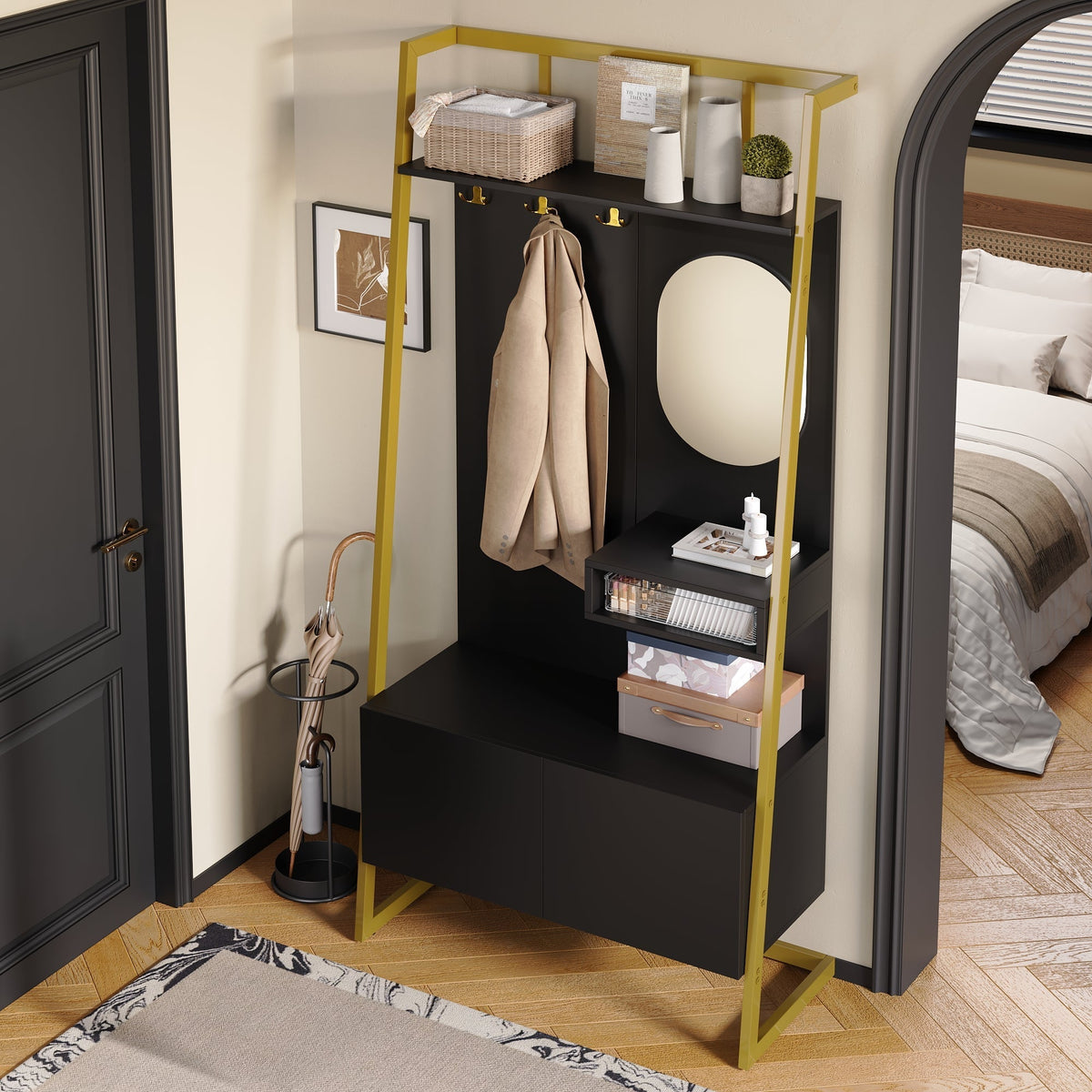 Modern Minimalist Wardrobe Compact Multifunctional Storage with Mirror & Shoe Bench, Metal Hooks
