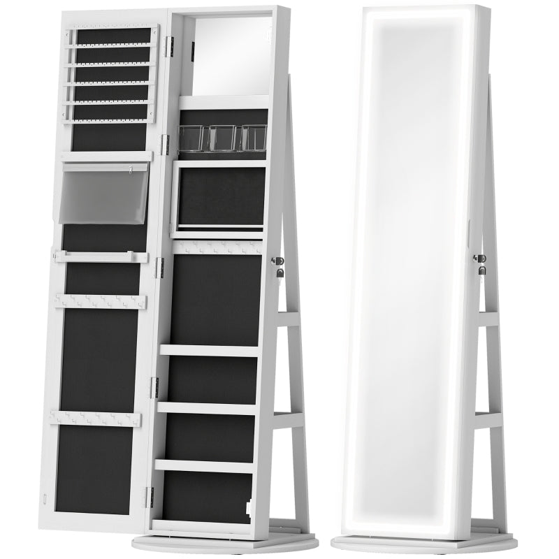 360° Swivel Mirror Jewellery Cabinet, LED Lights Lockable Storage Full Length, White