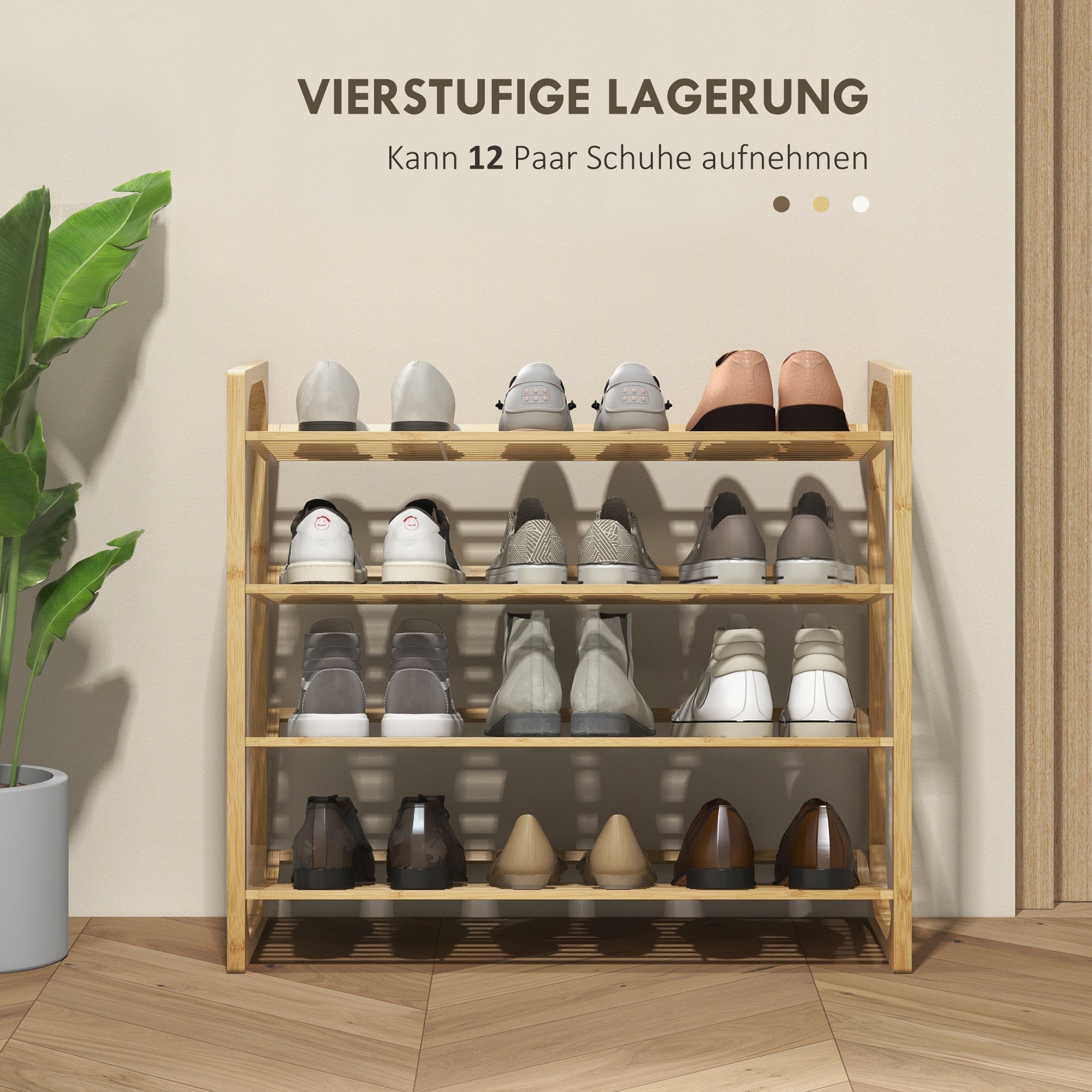 Schuhregal, 4 Ebenen, 12 Paar, Bambus Natur