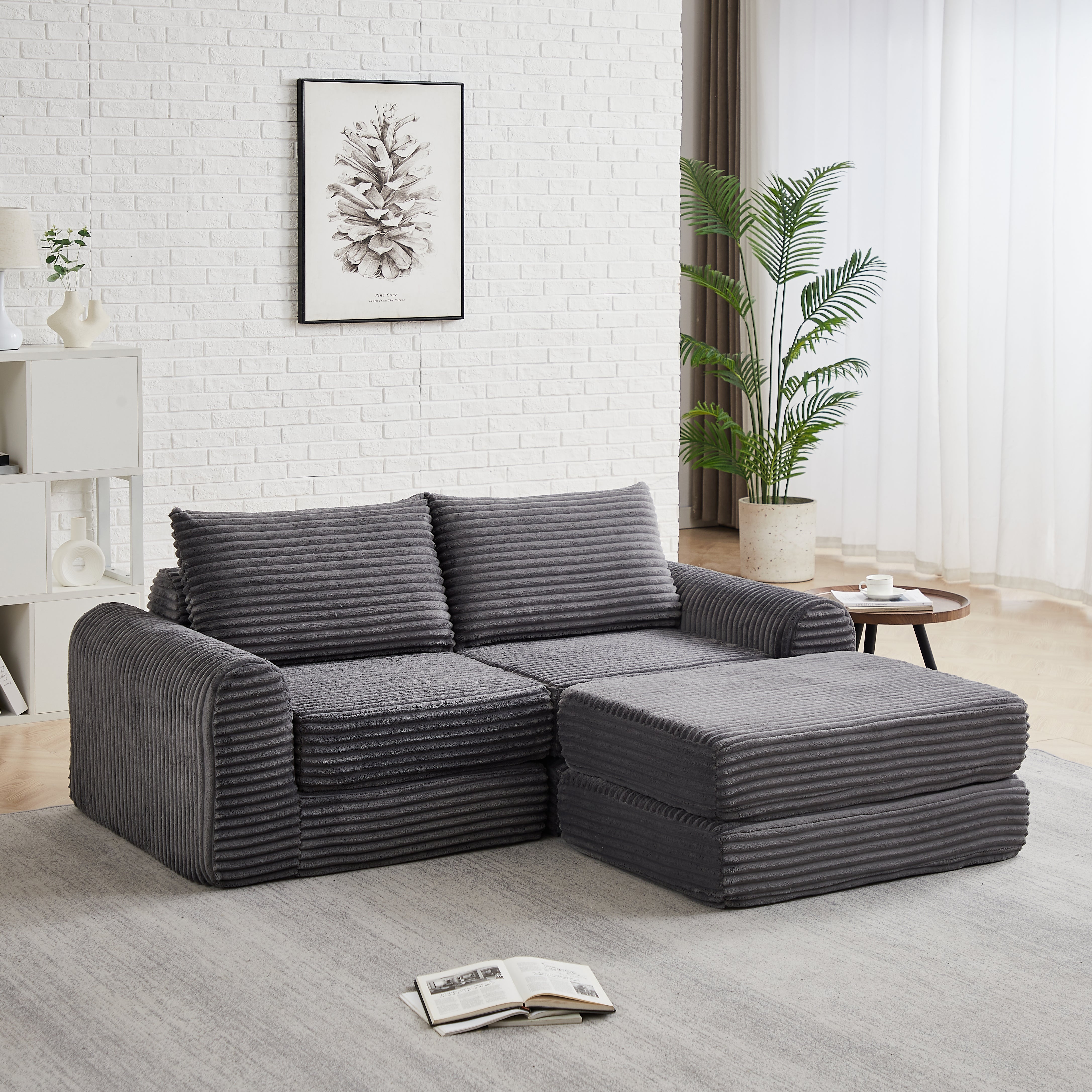 Corduroy 2-in-1 Sofa Bed with Two Pillows and Removable Footstool, Corduroy