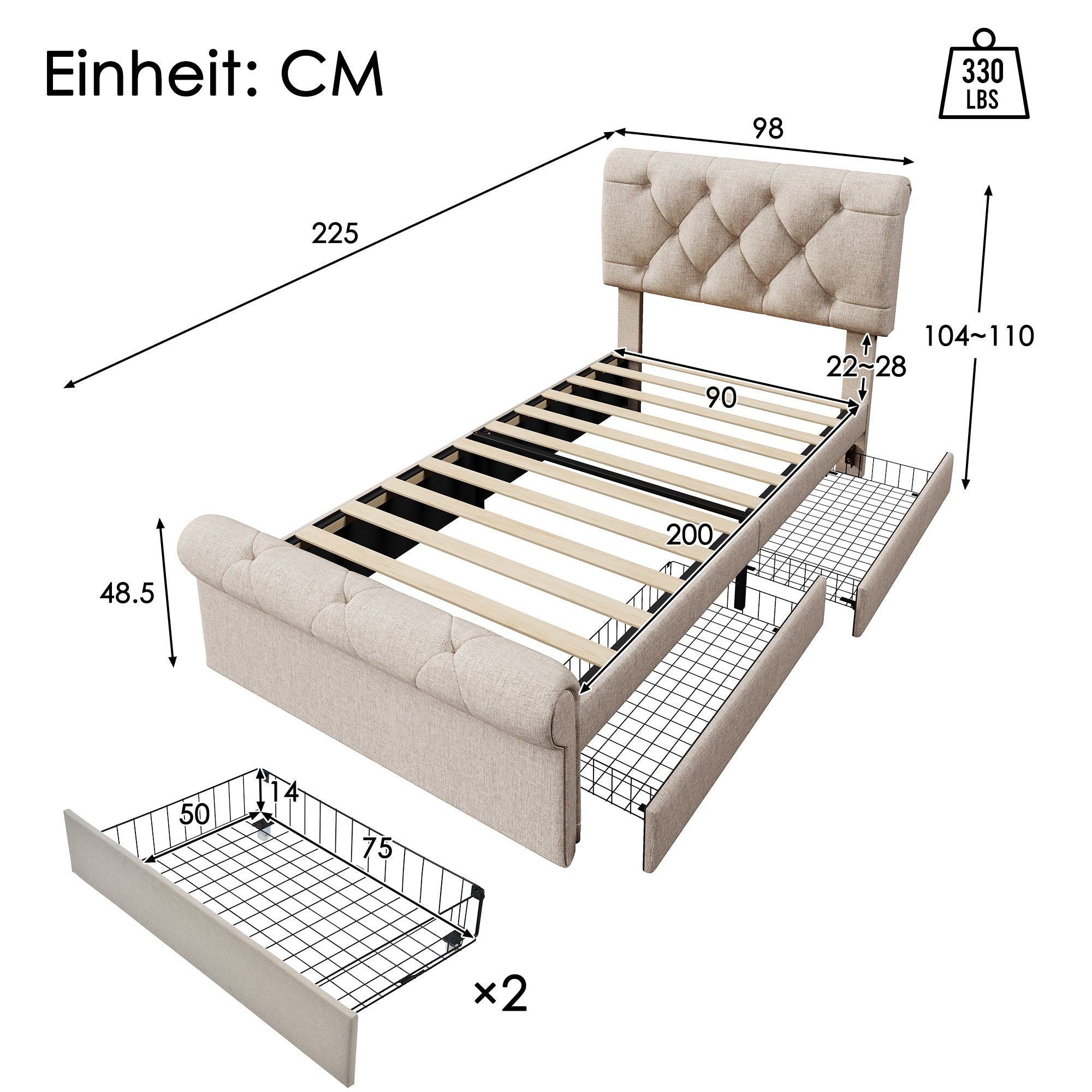 Single Upholstered Bed, 90x200cm, 2 Drawers, Adjustable Headboard, Chesterfield, Natural