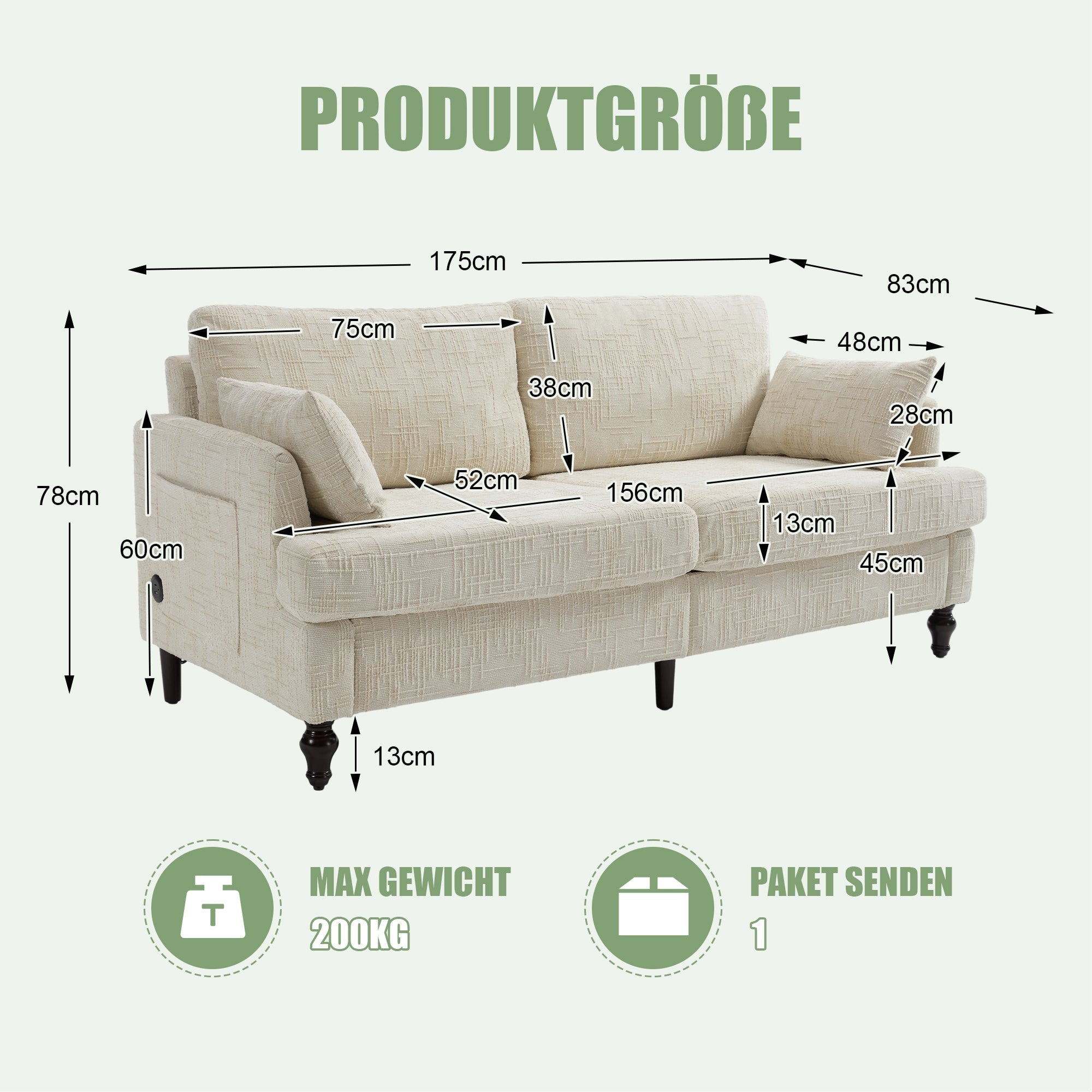 Sofa, 2-Seater with LED Light, USB & Storage, Chenille