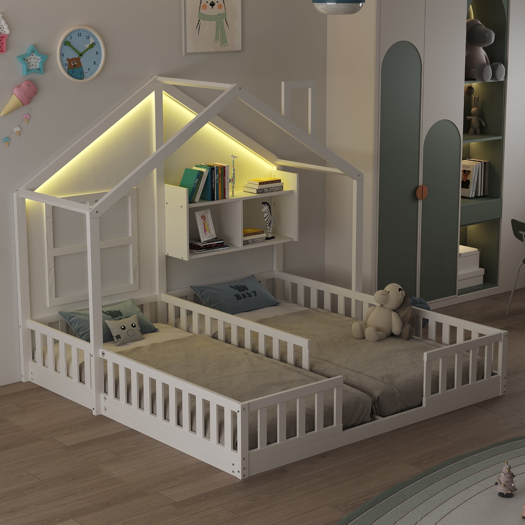 Wooden Children's Bed 90x200cm House Design LED Lighting Storage White