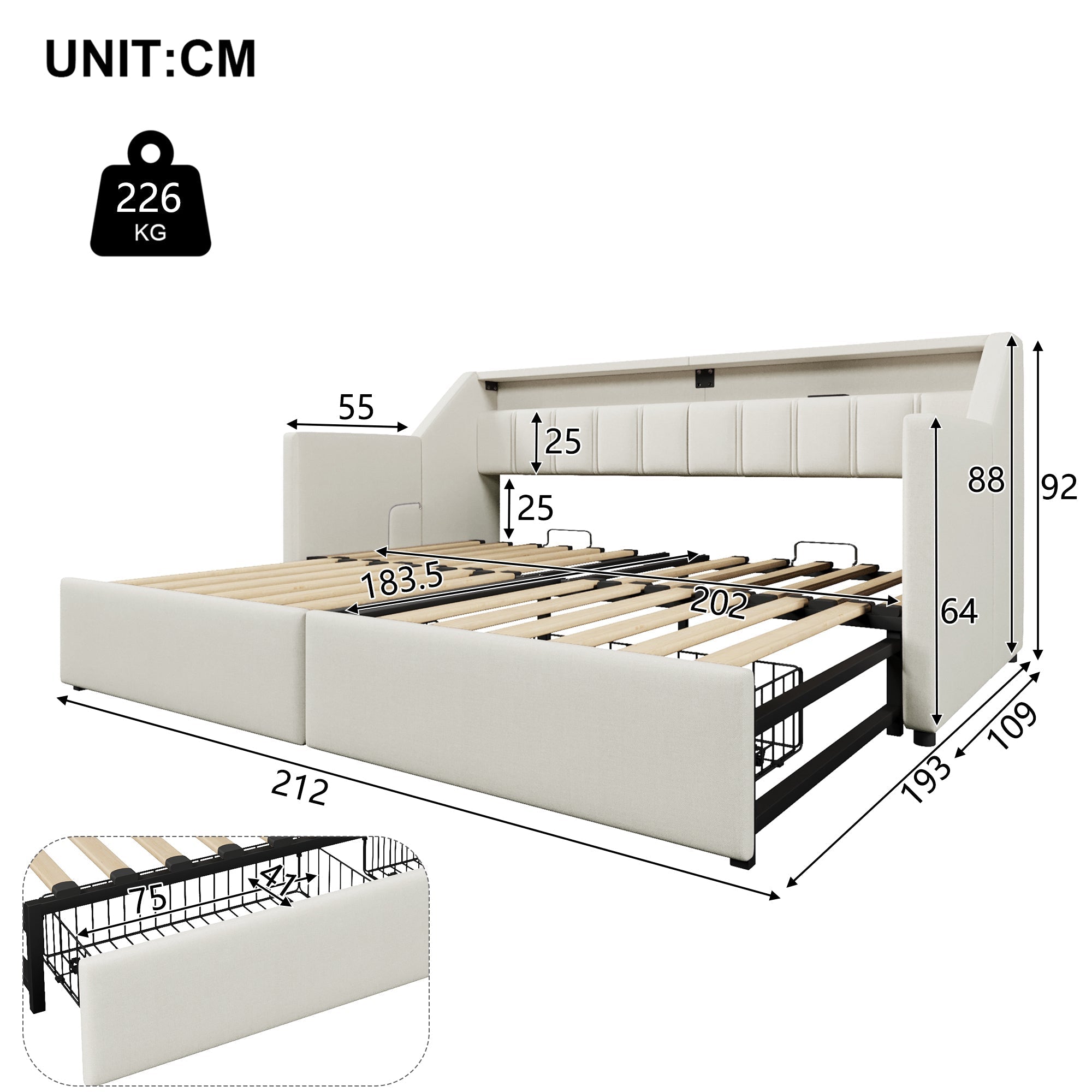 Daybed Sofa Bed 90x200cm Pull-out Bed LED USB/Type-C 2 Drawers Storage - Beige