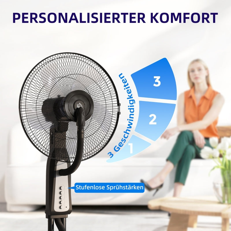 Pedestal Fan, Water-Cooled Mist 3 Speeds 3L Tank 75° Oscillation, 90W 125cm with Wheels