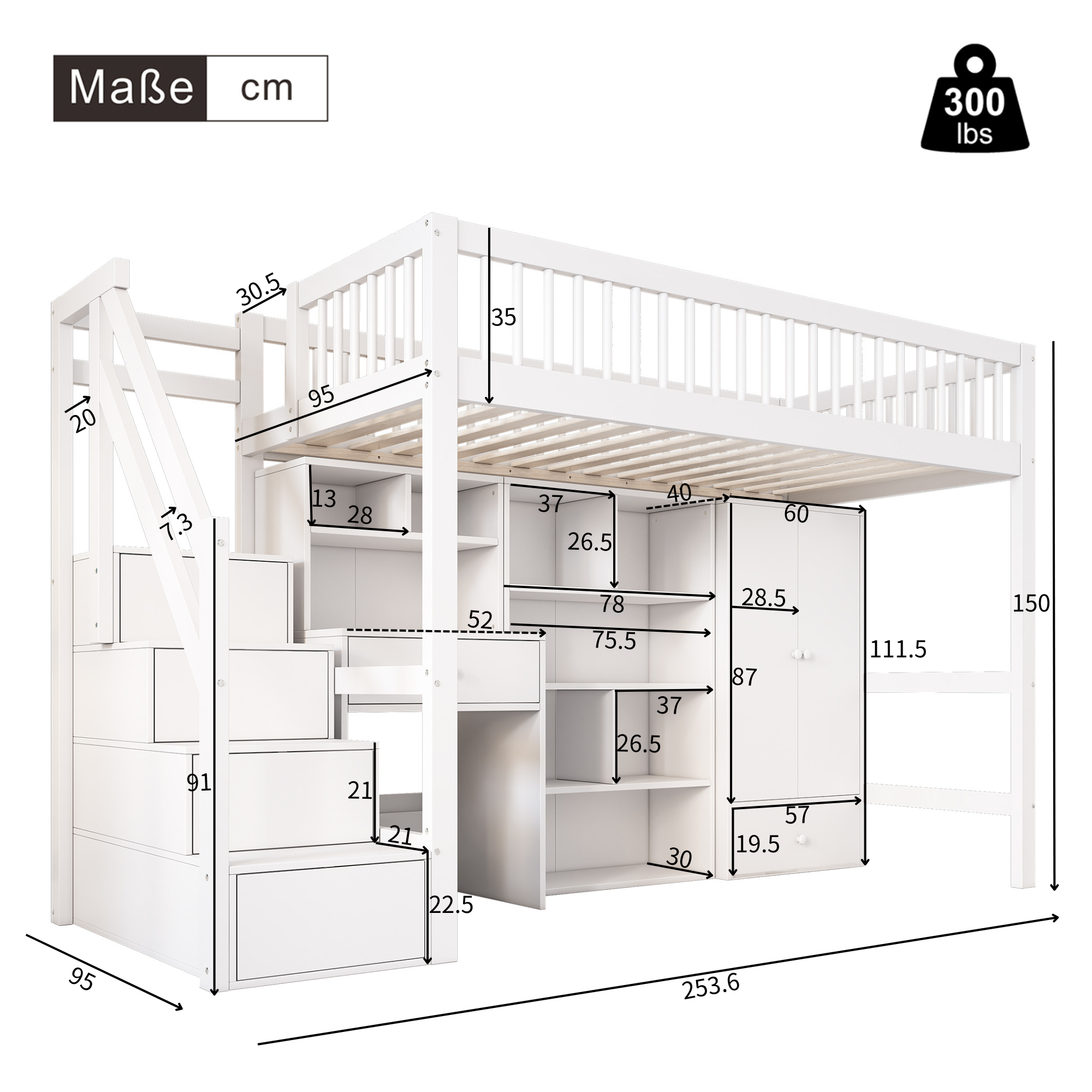 N634P201175W Multifunctional Loft Bed with Reversible Storage Stairs, Desk, and Wardrobe