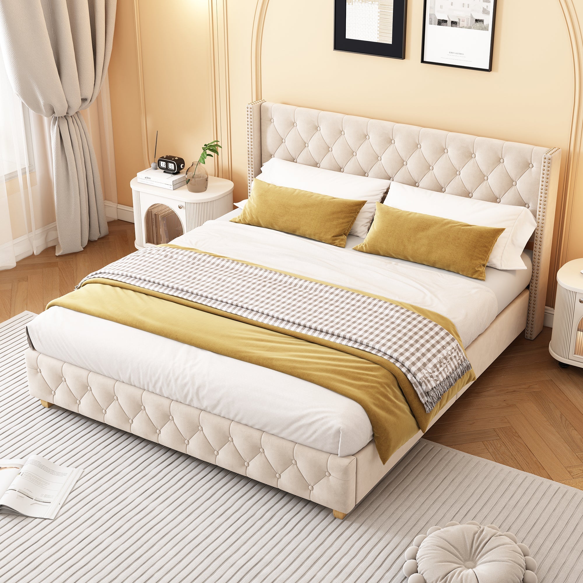 Upholstered Bed 160x200cm Button & Studded Headboard Slatted Frame - Light Beige Velvet