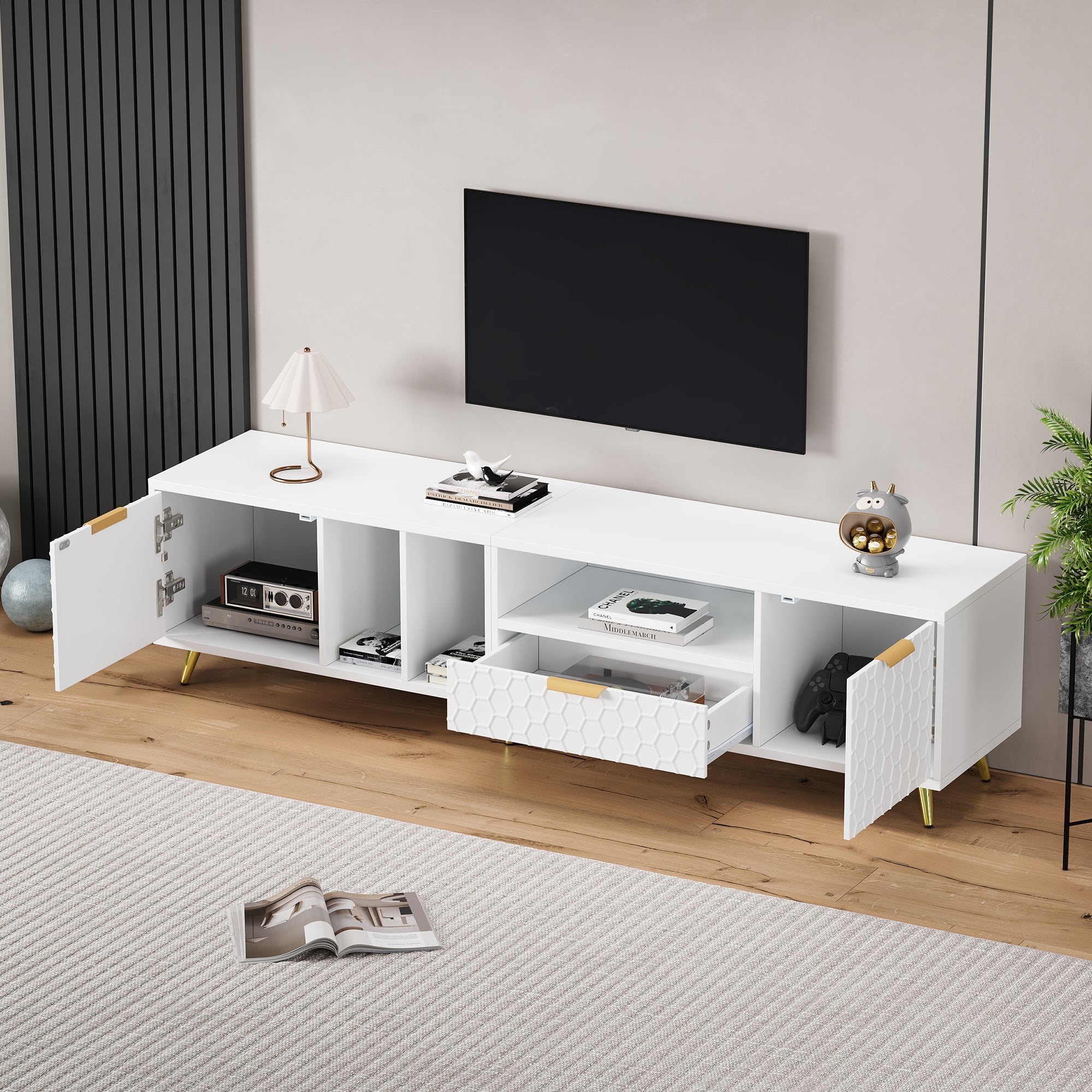 TV Stand, Vertical Honeycomb Pattern, 80-Inch TV, White