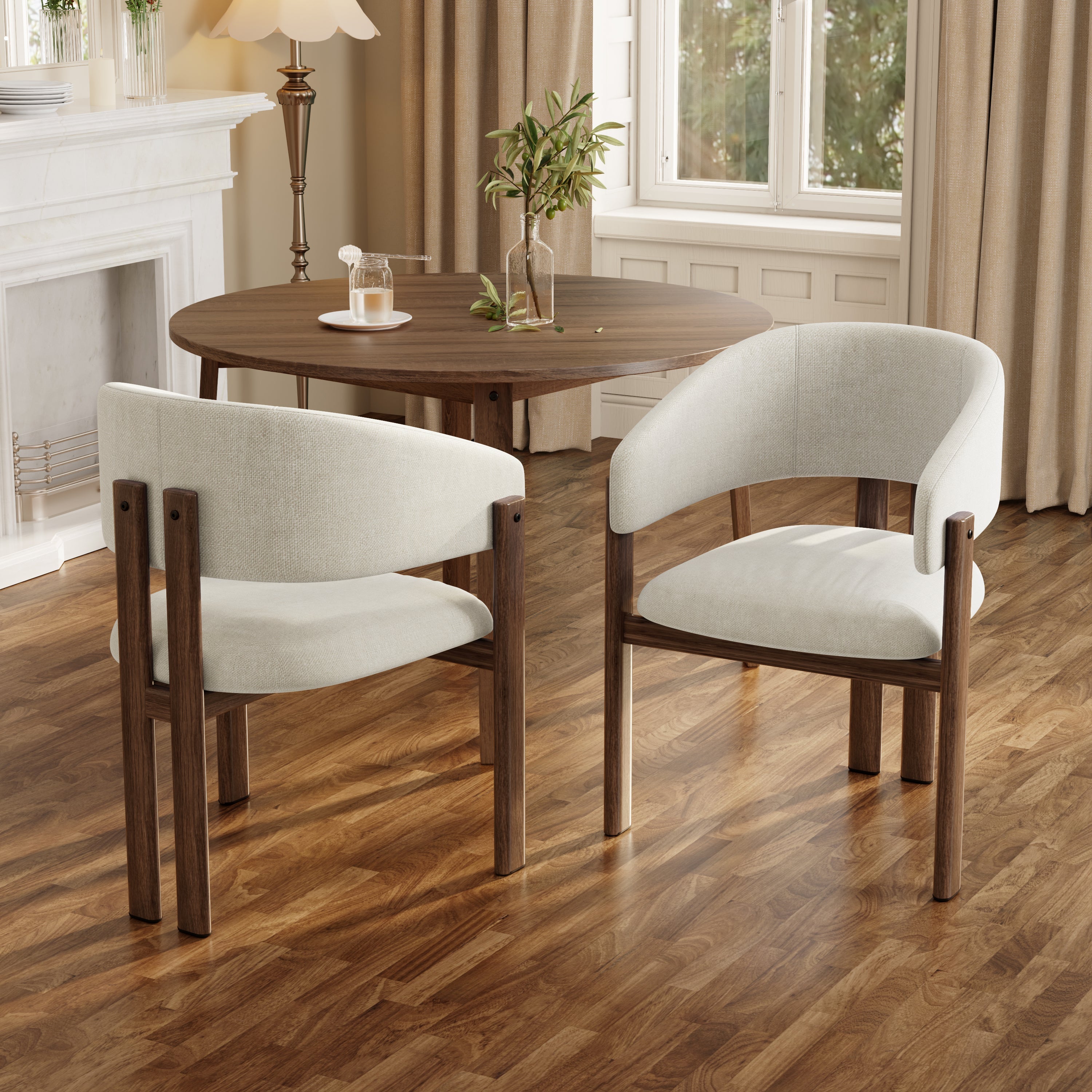 4 Metal Dining Chairs Modern Wood Look Linen Fabric Seat Walnut Color