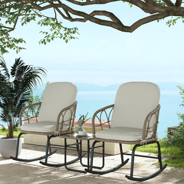 Rattan Rocking Chair Set, 3-Piece with Coffee Table & Cushions for Patio/Balcony