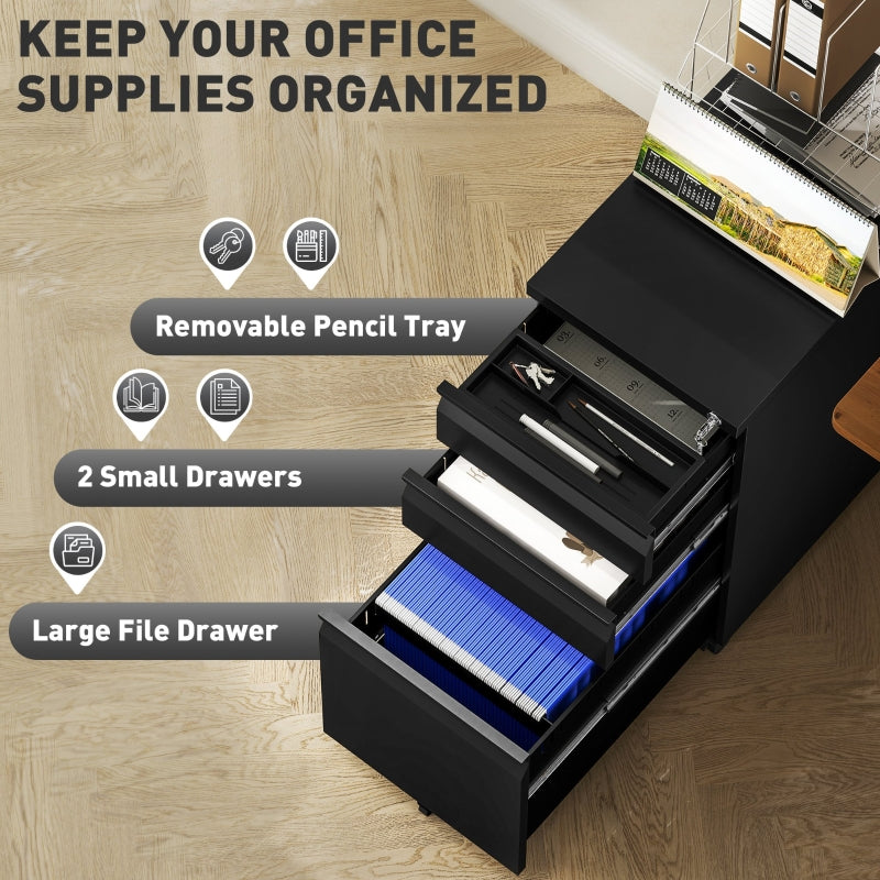 3-Drawer Filing Cabinet with Lock and Wheels - Black Steel