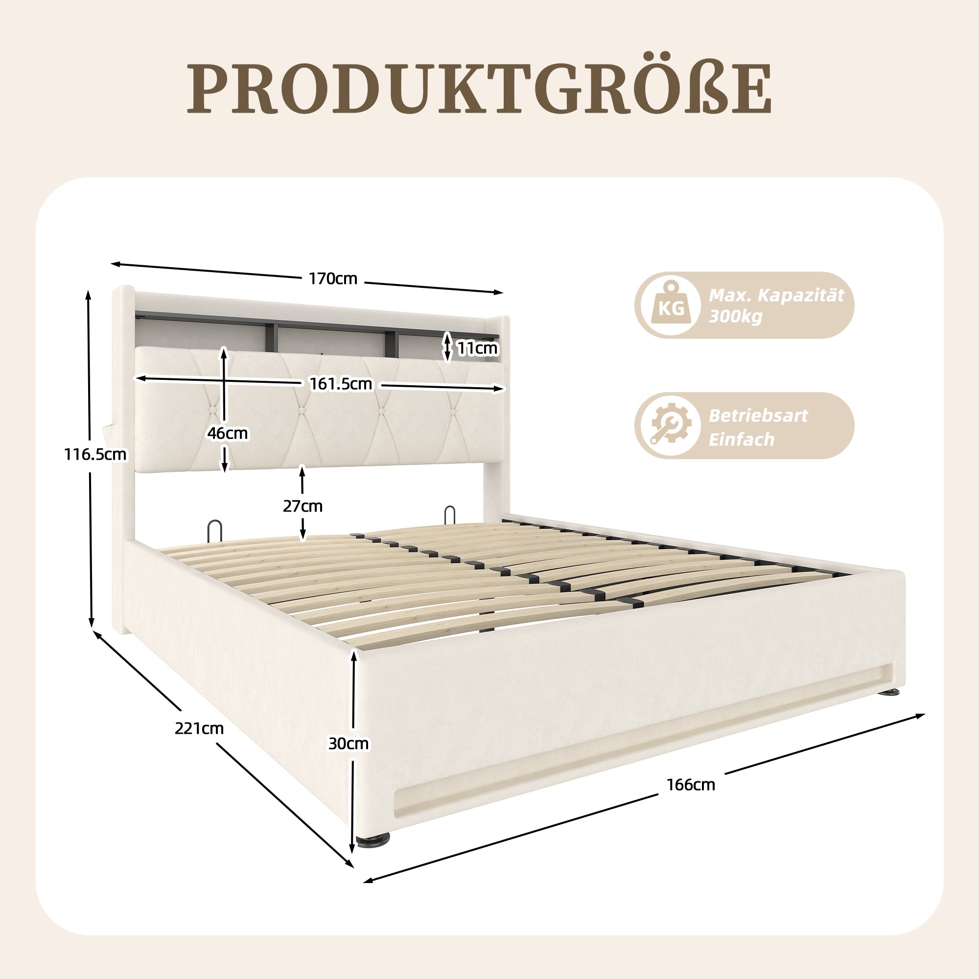 Upholstered Bed Frame, LED Lighting, USB-C Charging, Storage, Beige
