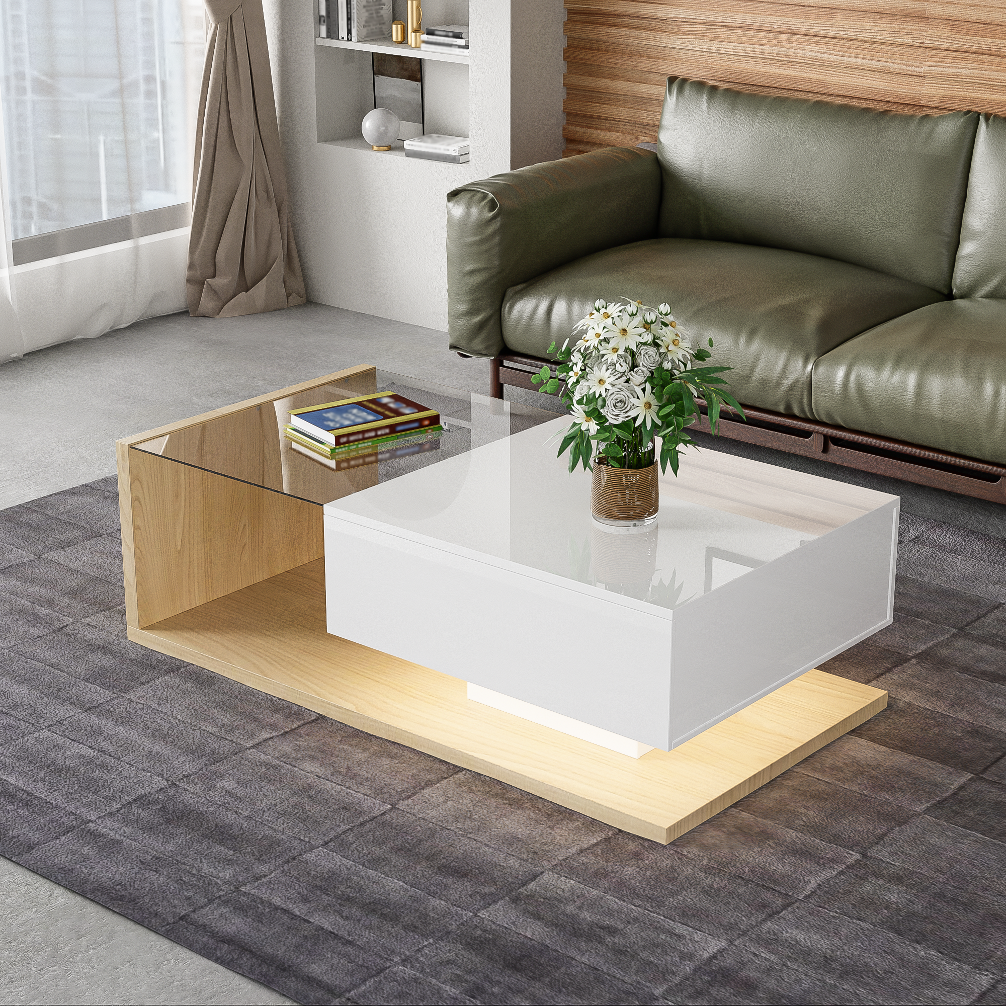 Coffee Table, High-Gloss White & Wood with Glass and LED Effect