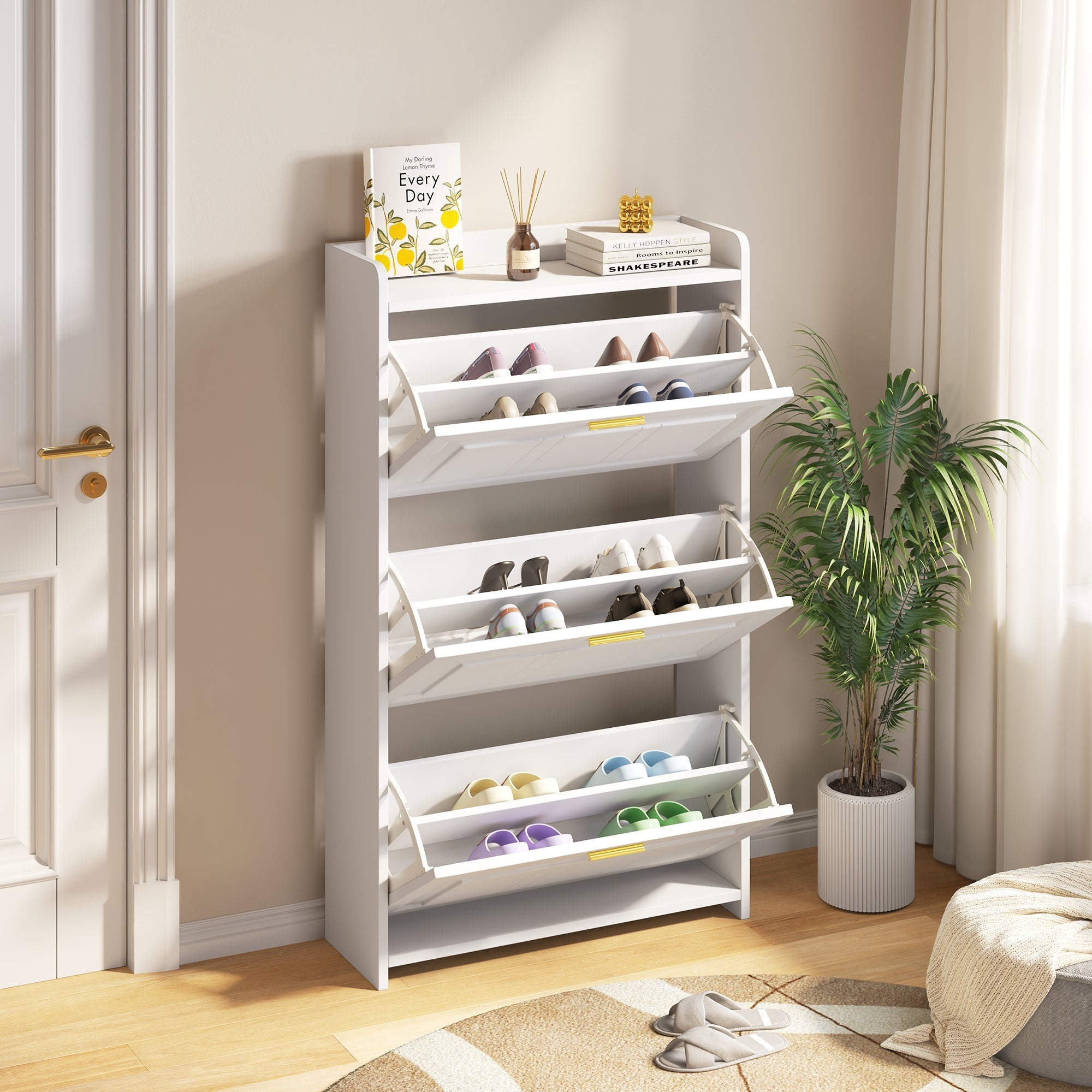 Shoe Cabinet 70x24x120cm with 6 Compartments - White MDF/Chipboard