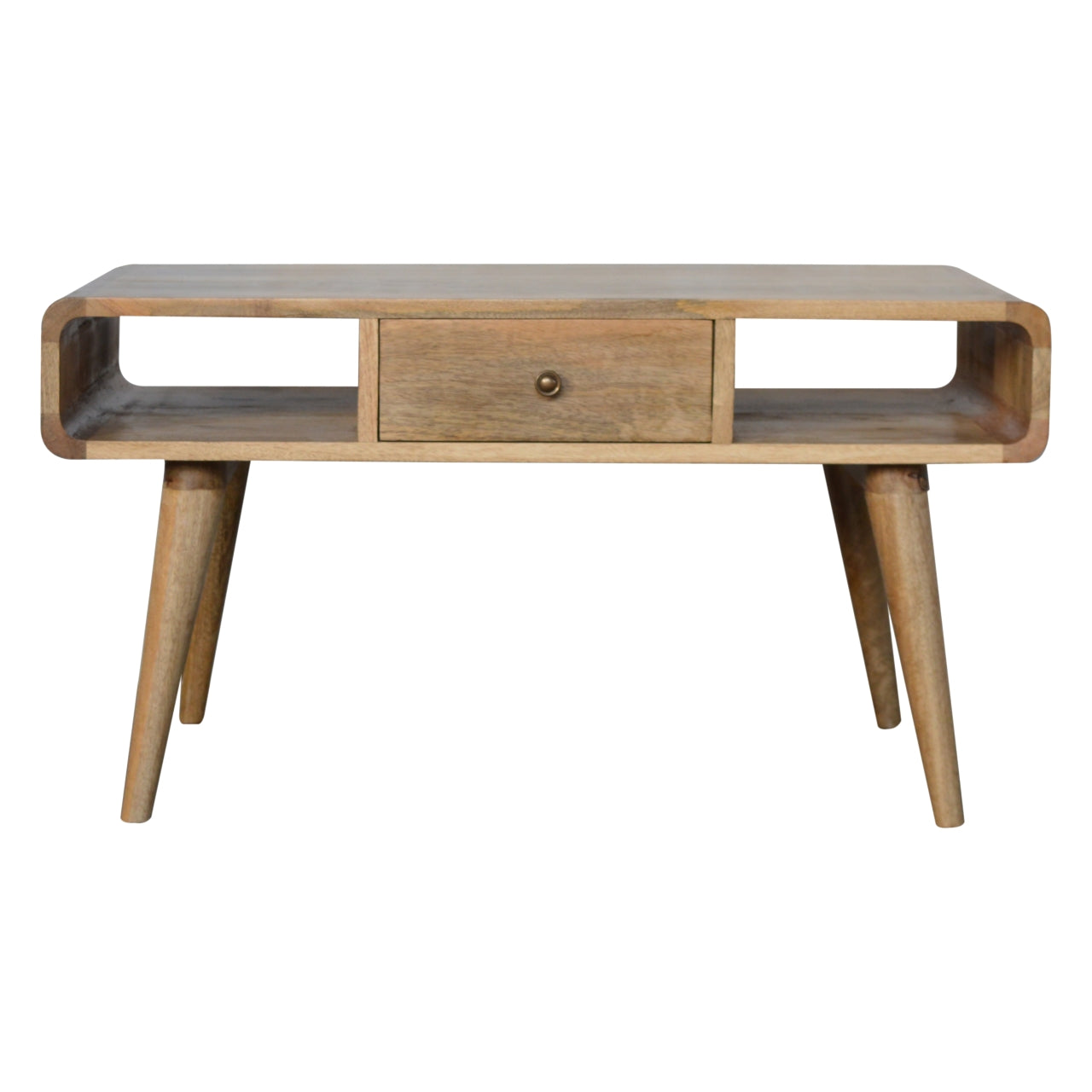 Solid Wood Curved Coffee Table, 2 Drawers and 2 Open Slots, Brown