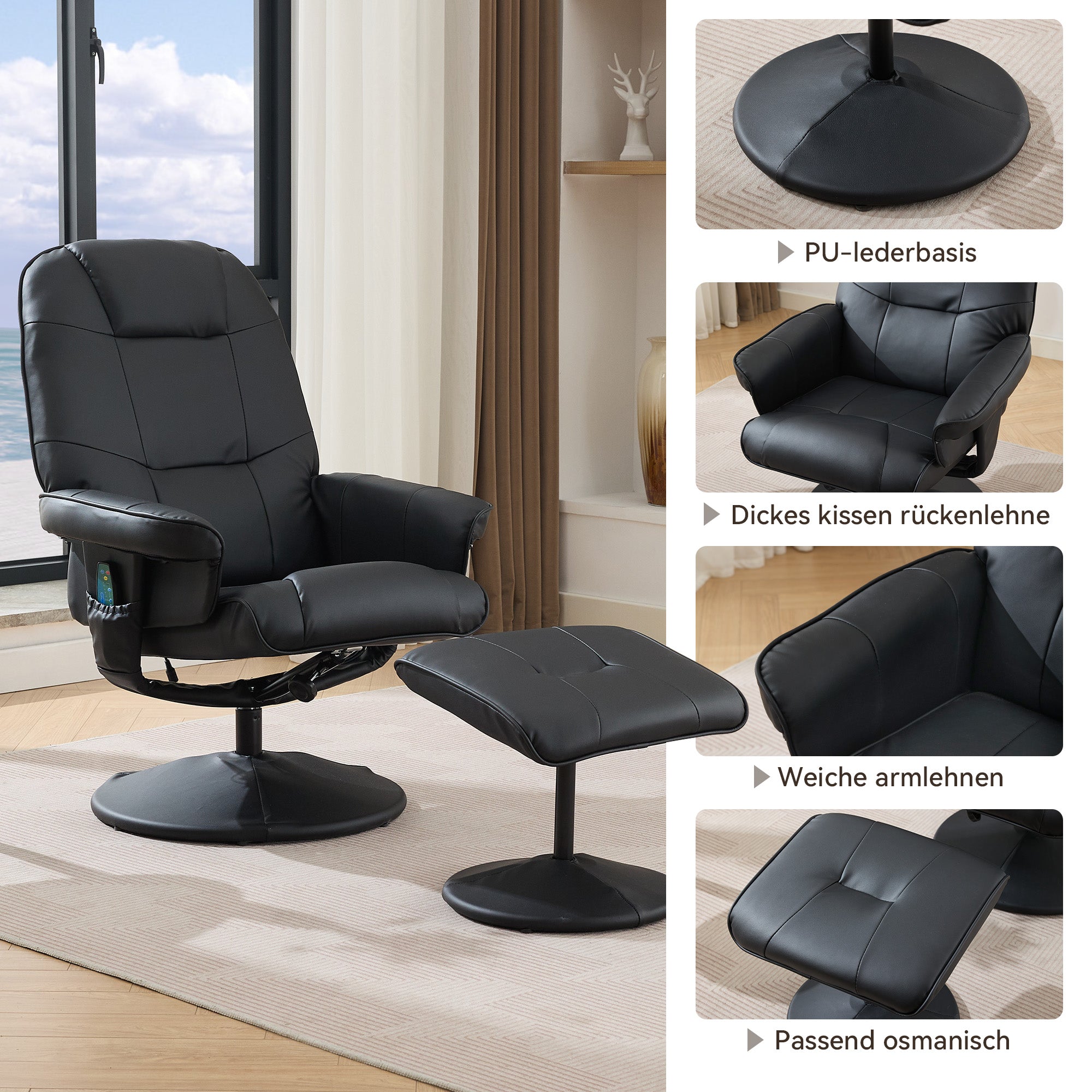 Massage Chair: Reclining, Heating & Stool, 360° Rotation, Black PU Fabric
