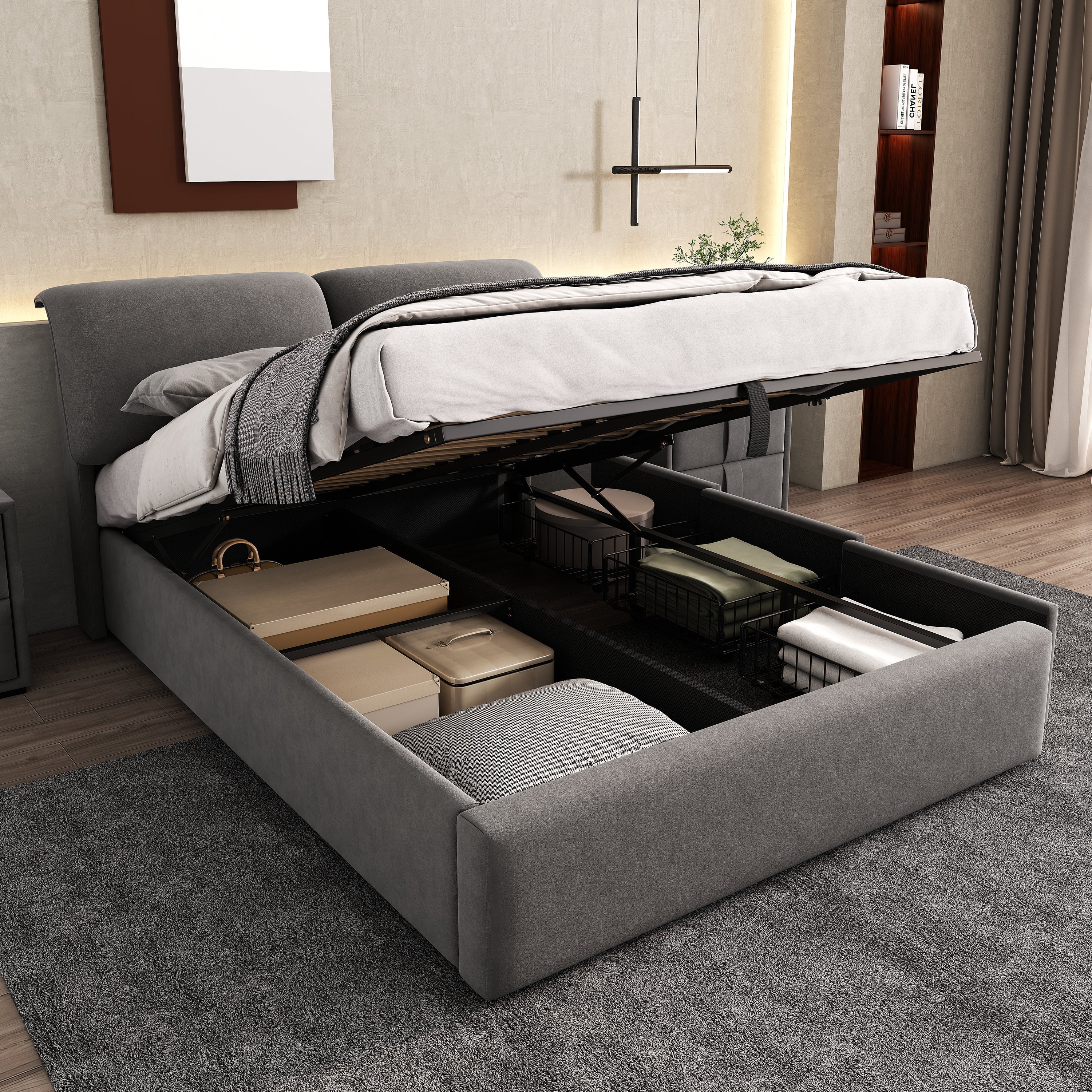 Upholstered Bed with Hydraulic Lift and 3 Drawers, 140x200 cm, Grey Velvet