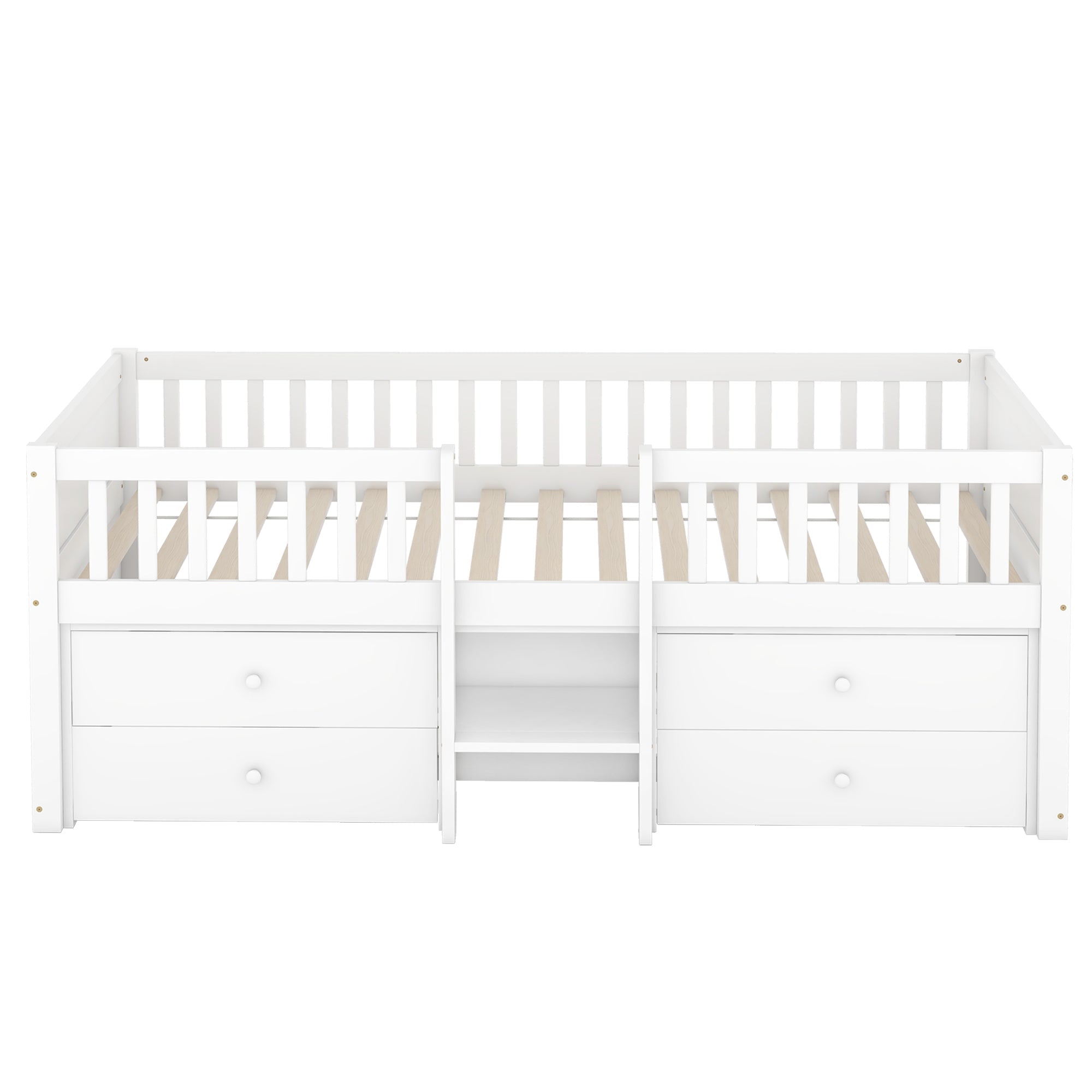 Mid-height Bed 90x200cm 4 Drawers Railing Ladder Pine Wood White