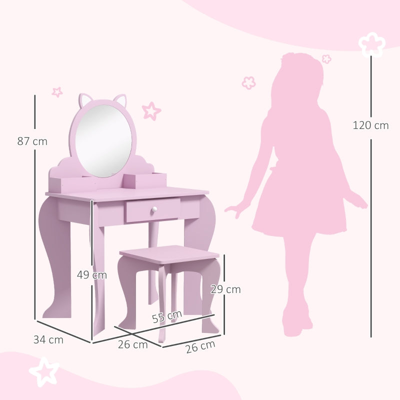 Kids Vanity Table with Mirror, Stool, Drawer, Cat Design, for Ages 3-6 Years - Pink