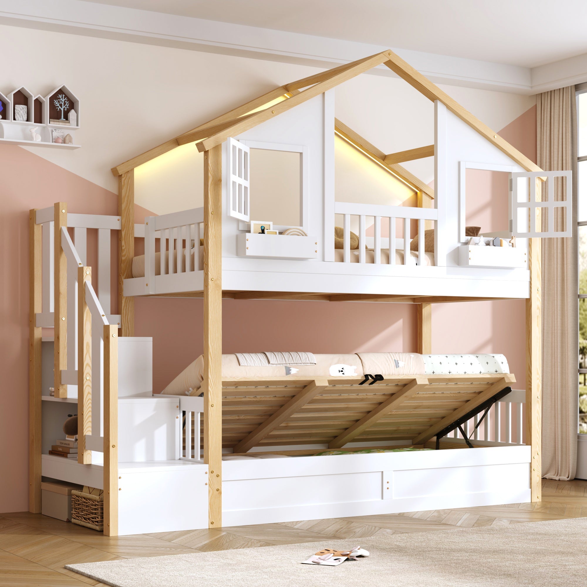Bunk Bed with Hydraulic Lower Bed, LED Lighting and Storage Stairs, 90x200cm, White and Natural Solid Wood