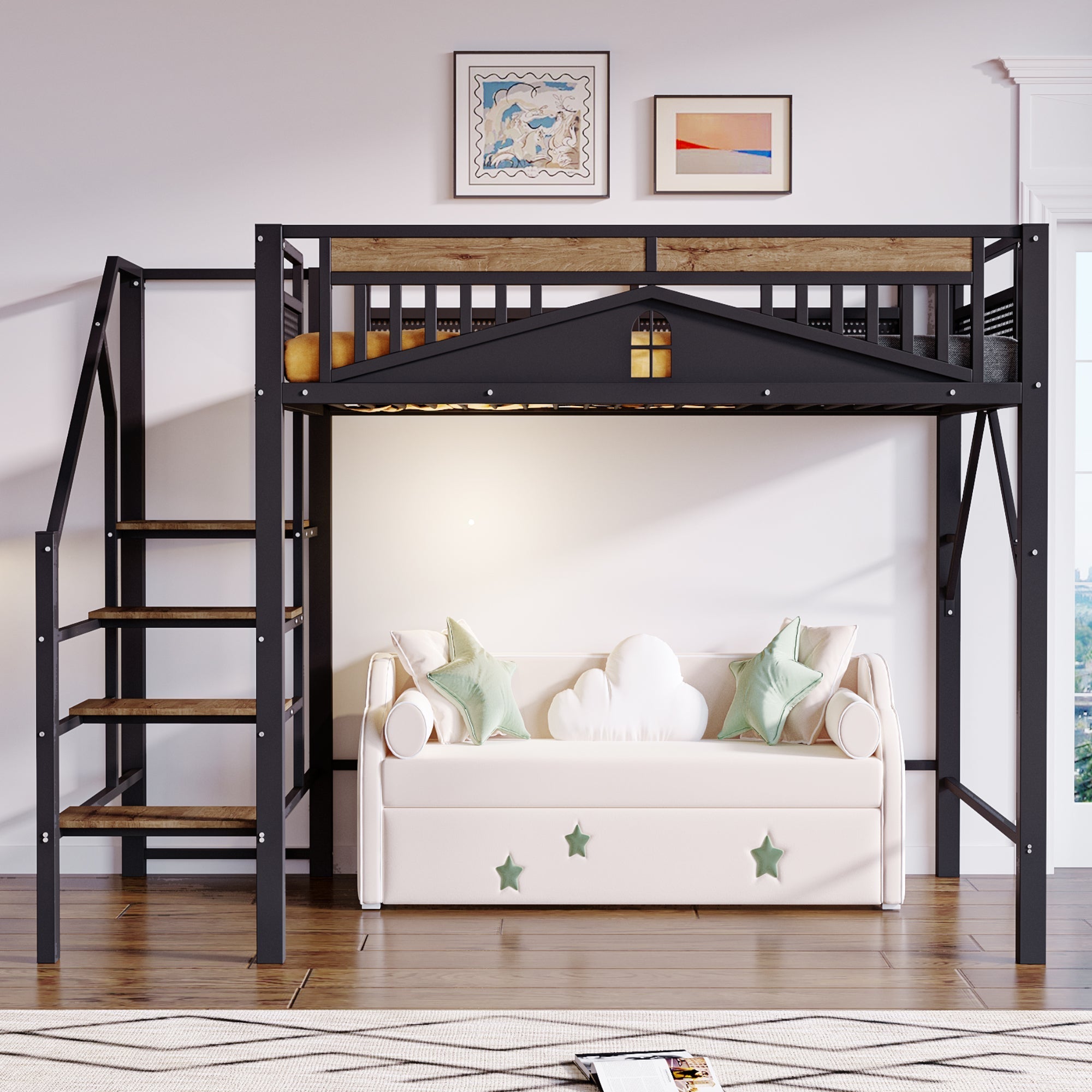 Loft Metal Bed 140x200 cm with Security Steps and Wood Accents, Black or White