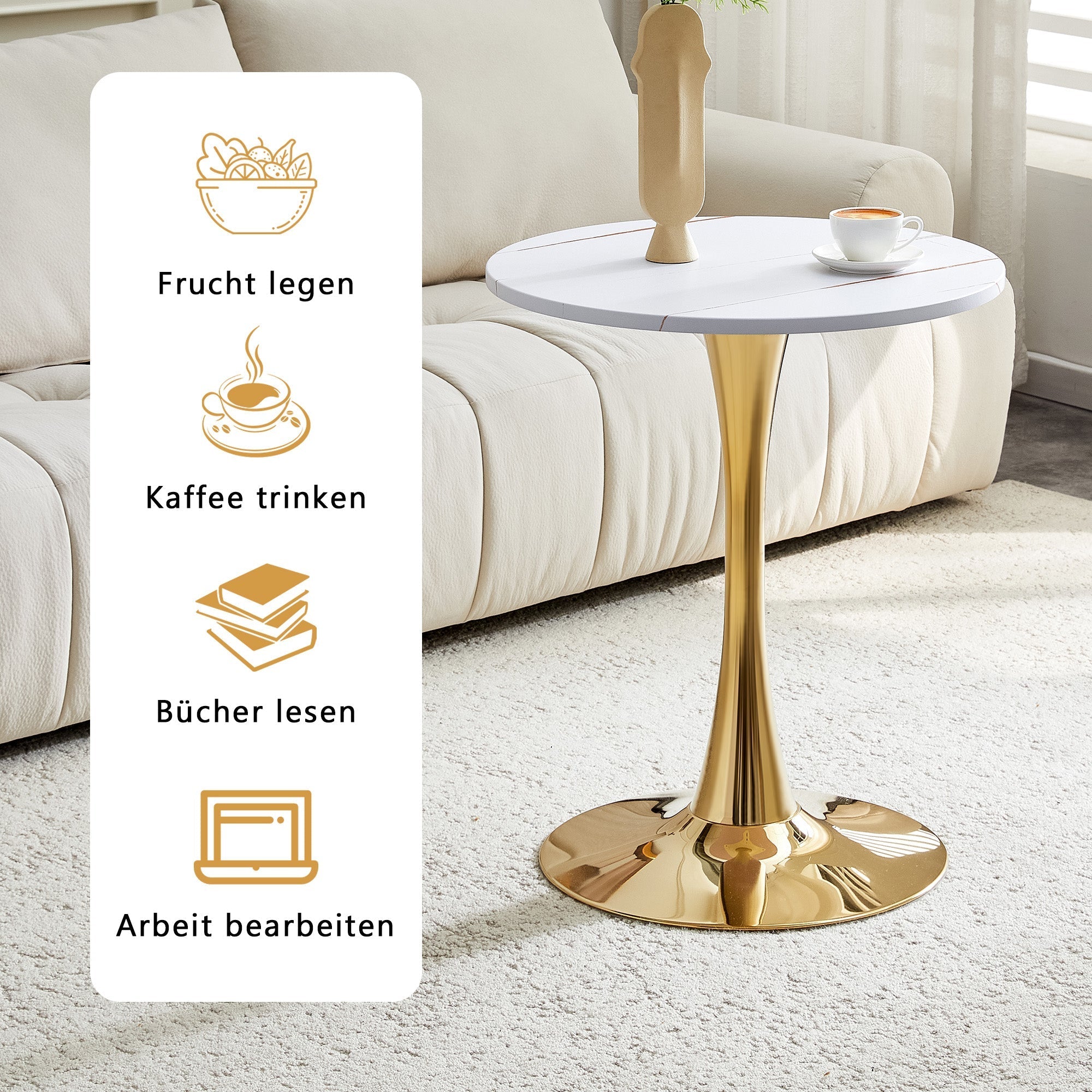 Round 60cm Side/Dining Table MDF Golden Leg White Grain