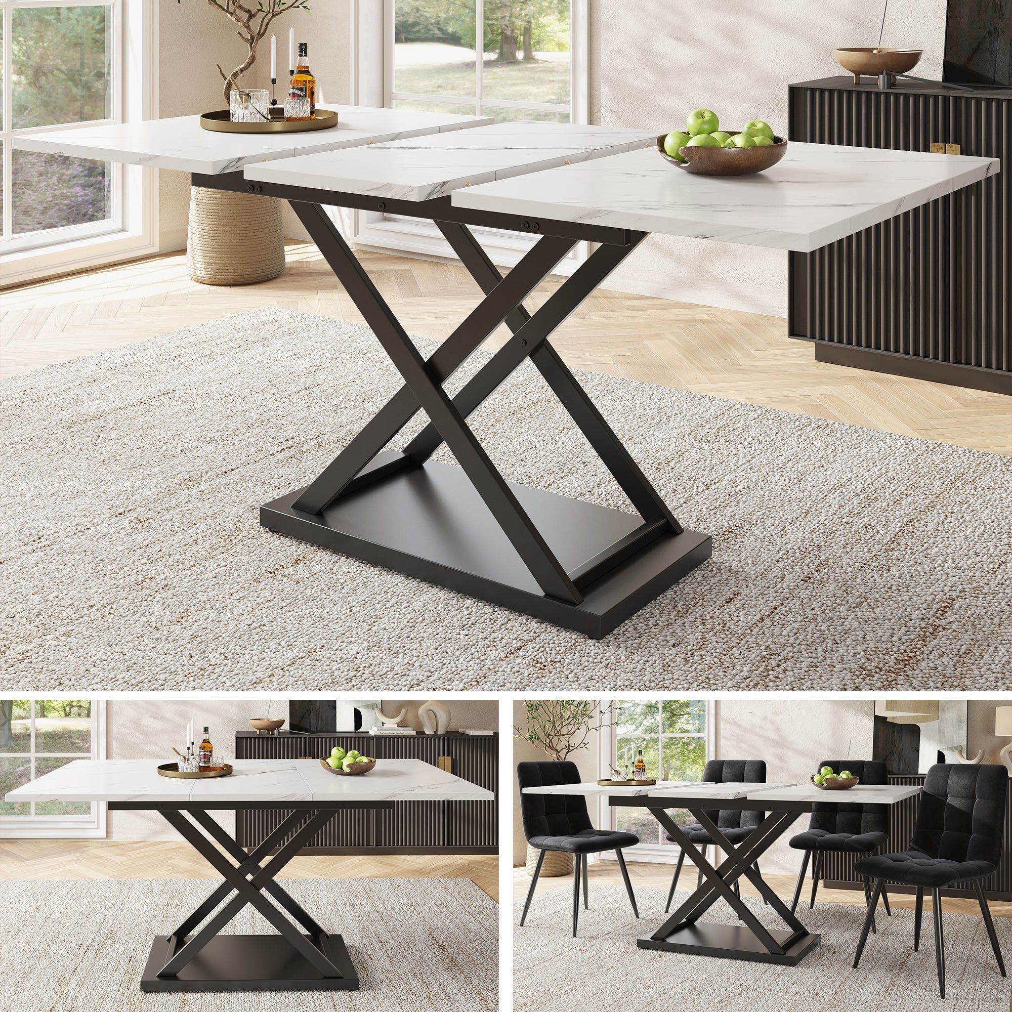 Dining Table, Extendable and Space-Saving, with Black Crossed Iron Legs, White Marble