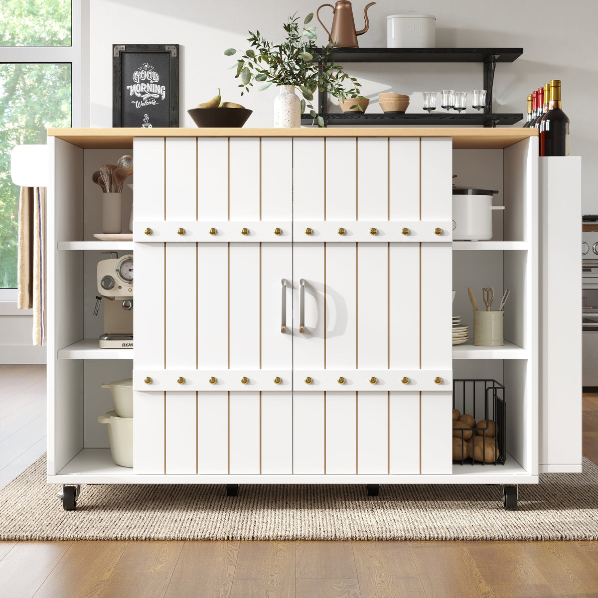 Kitchen Island Serving Cart with Wheels, Worktop, Sliding Doors & Drawers - White