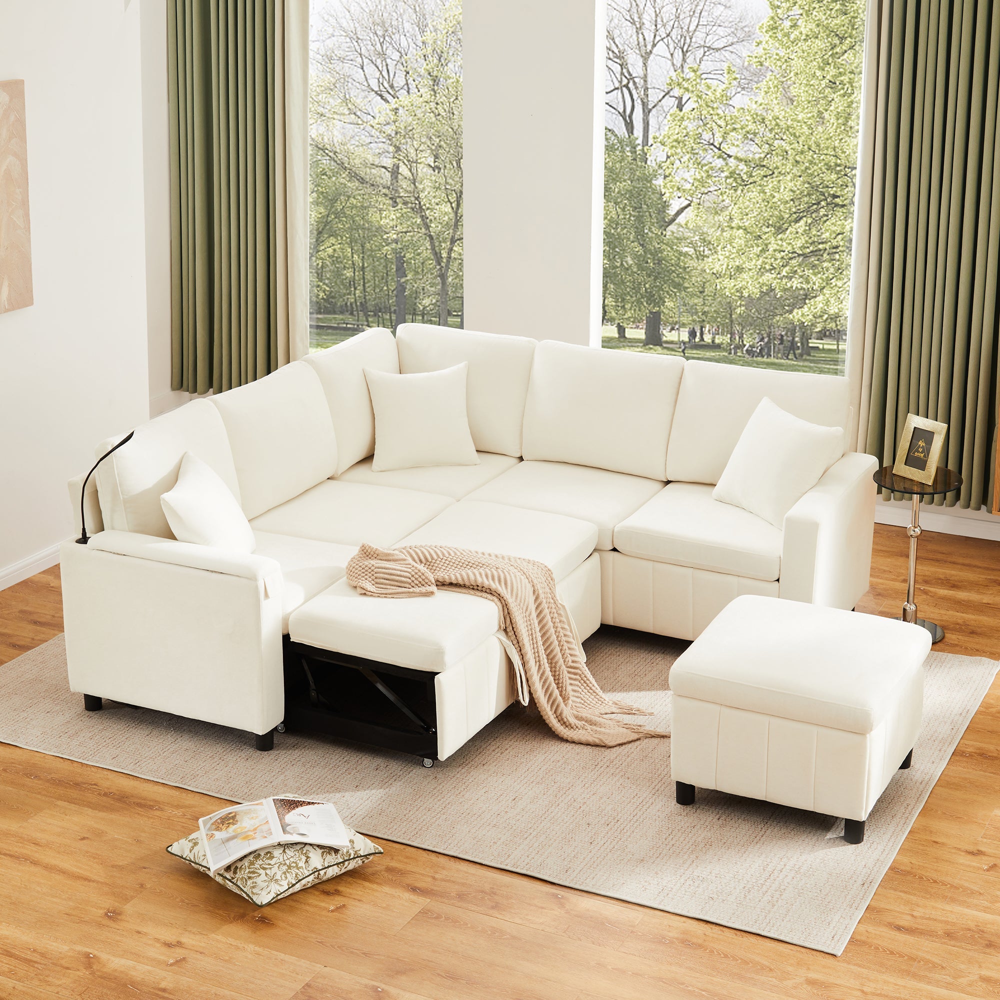 Chenille Corner Sofa Bed with Ottoman and USB Charging, Beige