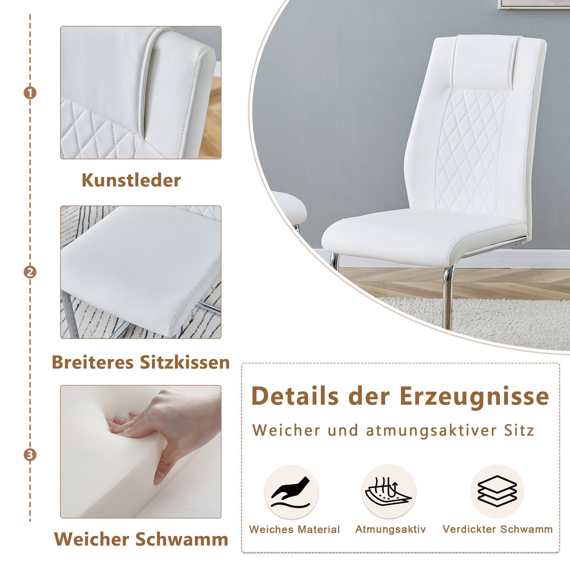 Scandinavian Dining Chairs Set of 4 Mesh Back Metal Legs - White PU