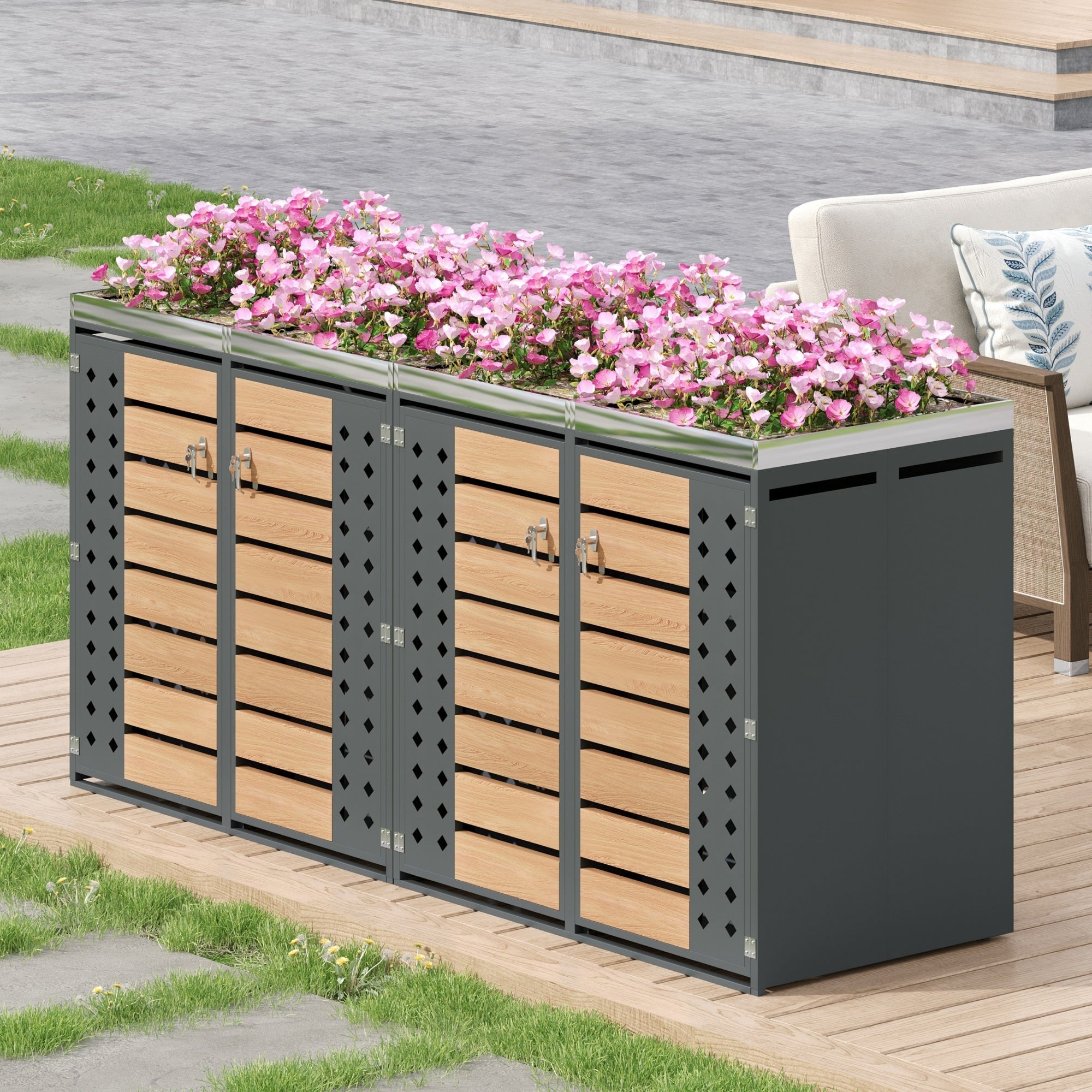 Garbage Can Enclosure with Lockable Four Doors and Planting Area, Horizontal Wood Grain Panels