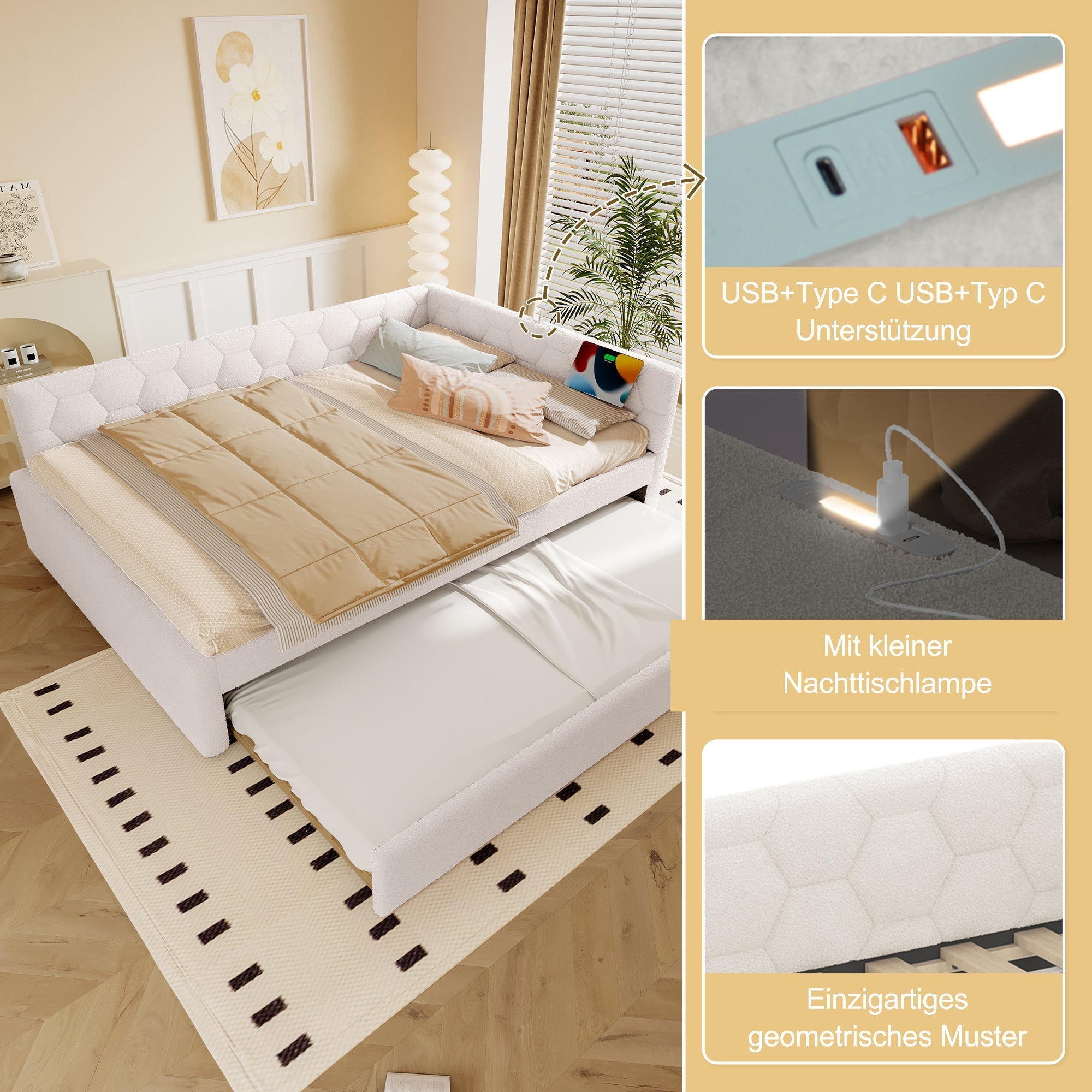 Daybed Sofa Bed 140x200cm Pull-Out Bed with Lamp & USB/Type-C Port Fleece Imitation White
