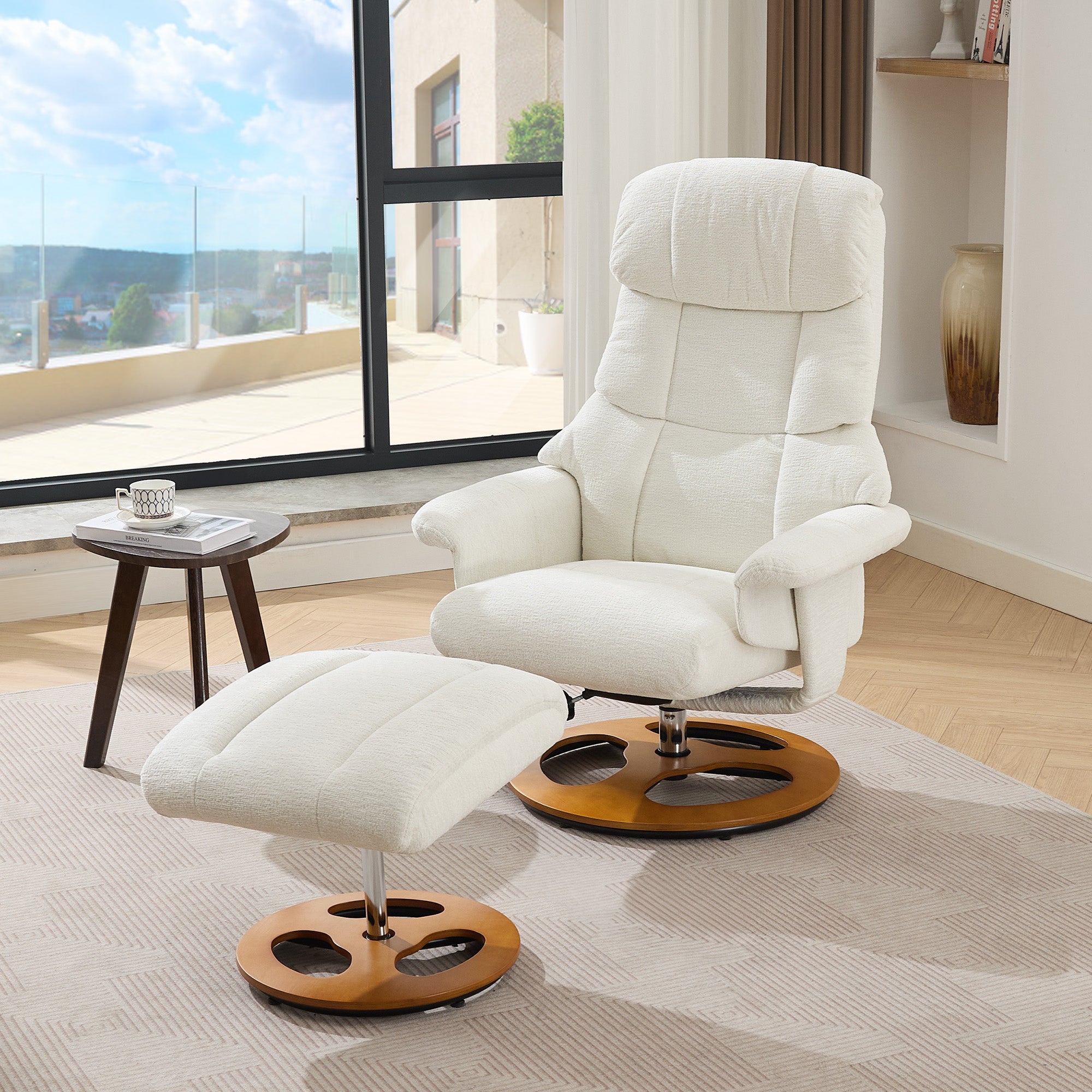 025 Recliner Chair with Massage, Heat, Reclining, Footstool, 360° Rotatable, Chenille Fabric White