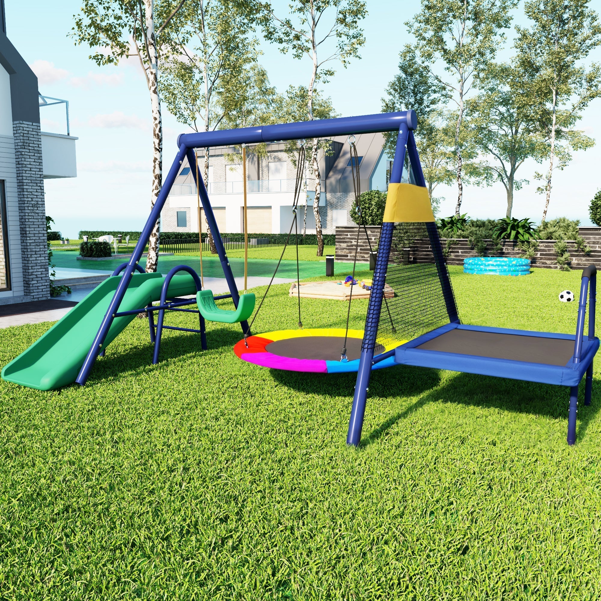 Multifunctional outdoor swing set with slide, trampoline, round nest swing, and plastic swing, safe and durable