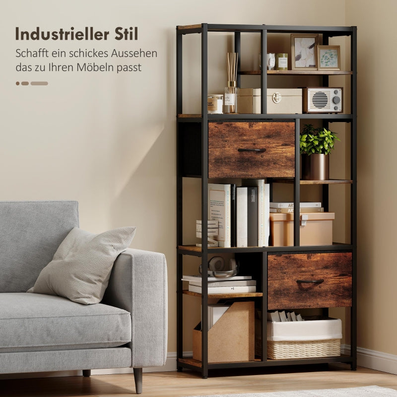 Storage Shelf 9 Open Compartments 2 Drawers Steel Frame - Brown/Black