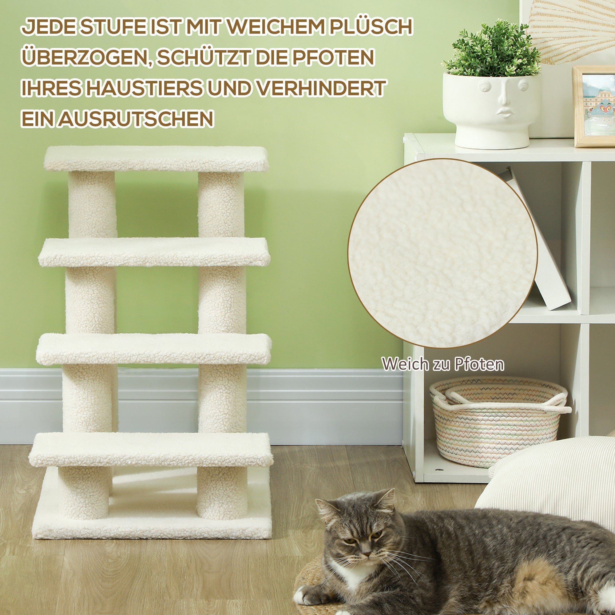 Haustiertreppe, 4 Stufen, ideal für ältere Tiere, Plüsch Beige