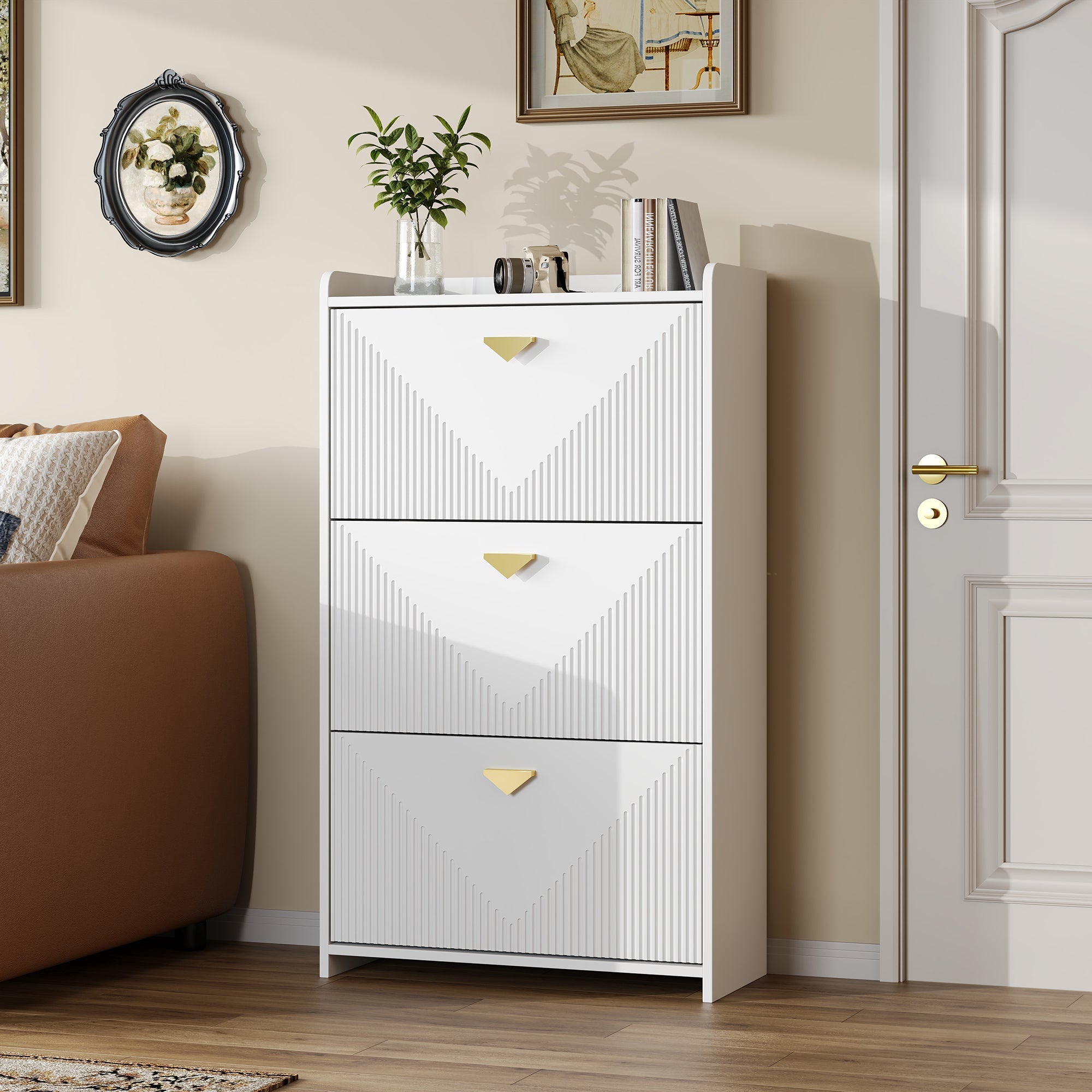 Shoe Cabinet 70x30x120cm 3 Drop-Down Doors Adjustable Width - White MDF