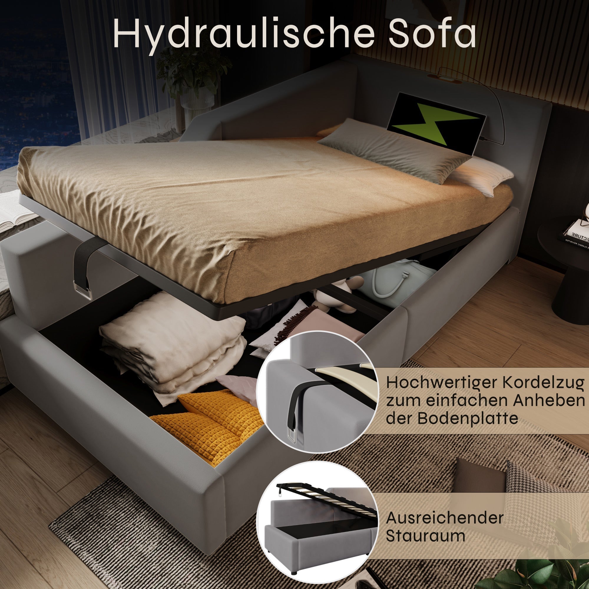 Upholstered Daybed 90x200cm, Sofa Bed with Hydraulic Storage, Reading Light, USB-C, Velvet Grey
