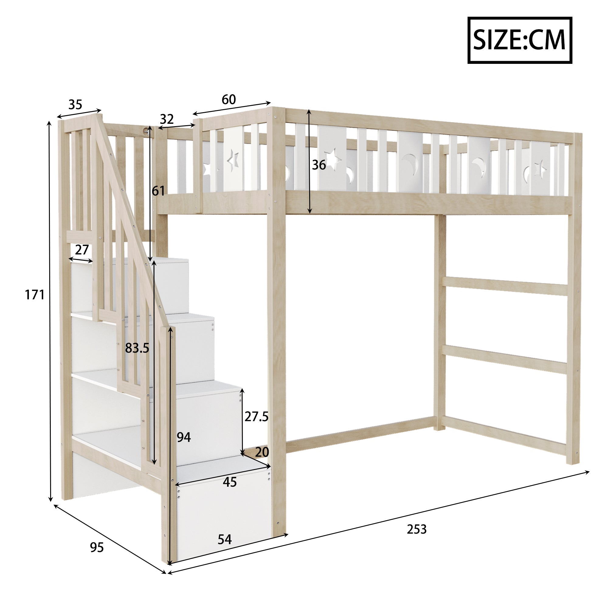Children's Loft Bed 90*200, Storage Climbing Ladder & Safety Rails, Solid Wood