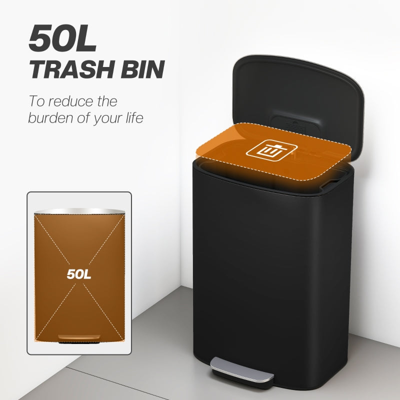 50L Kitchen Bin, Soft-Close Lid, Removable Inner Bucket, Stainless Steel, Black