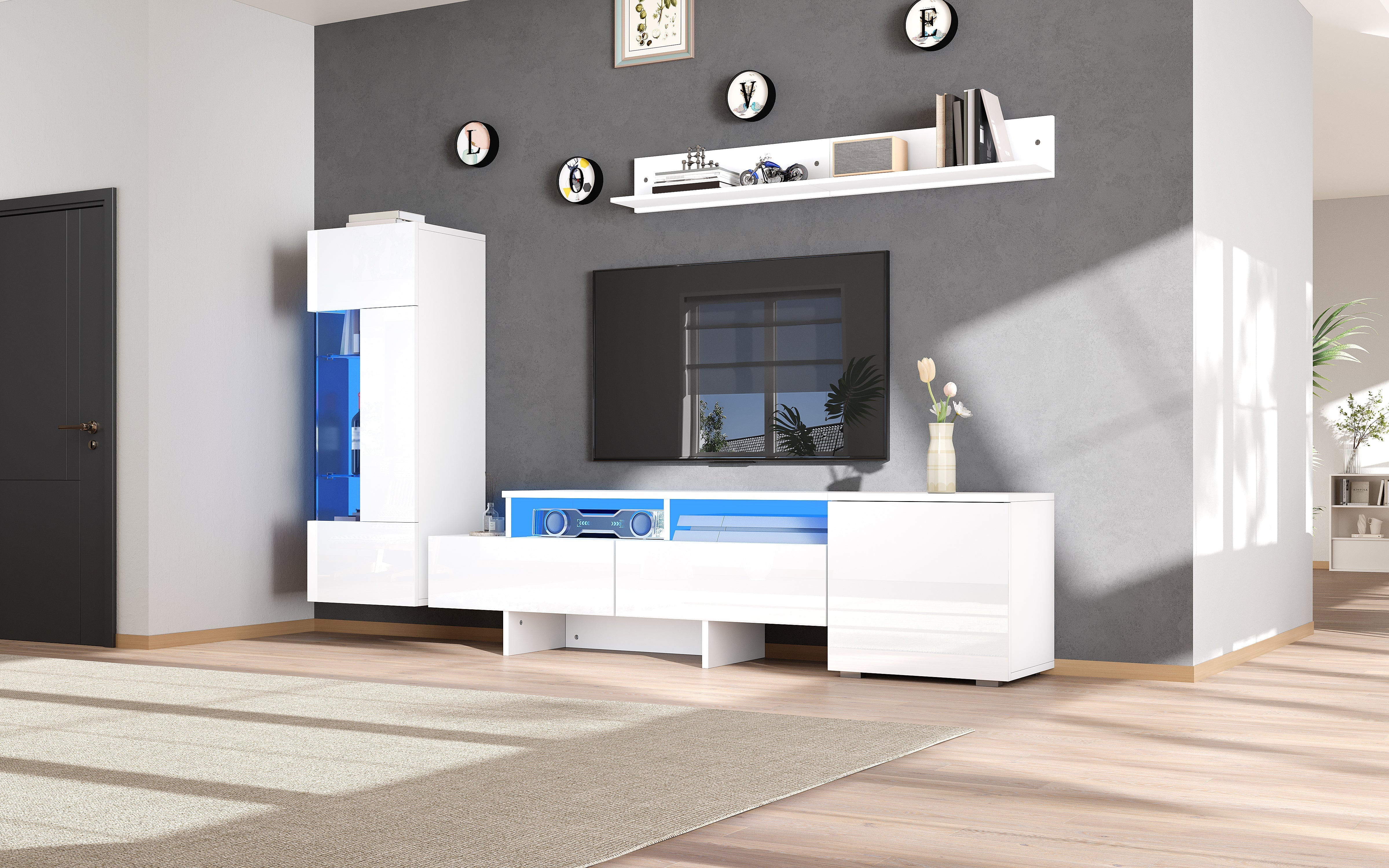 3-Piece TV Wall Unit Set High-Gloss LED Modern Wall-Mounted White